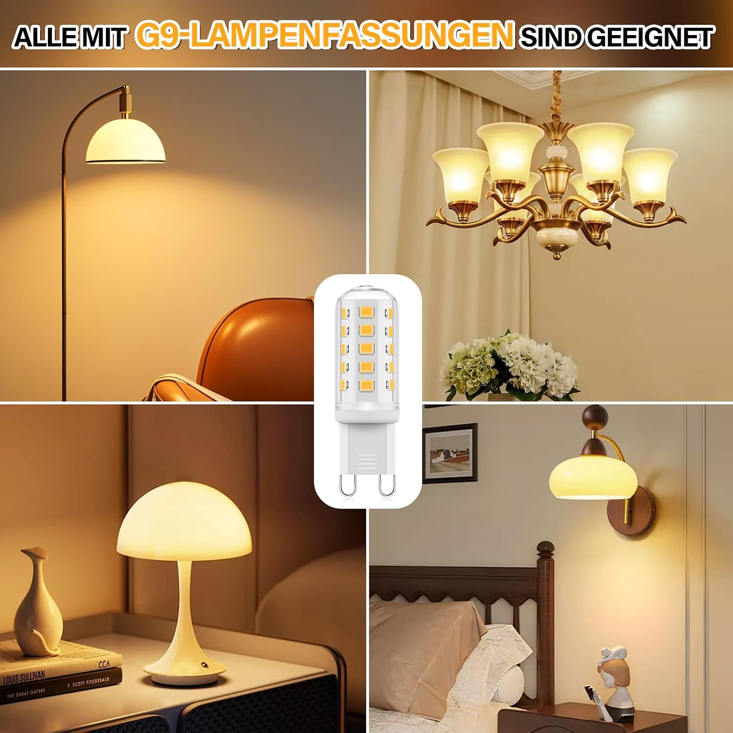 Vier Lampen: Stehlampe, Kronleuchter, Nachttischlampe, Wandleuchte und eine G9-LED.
