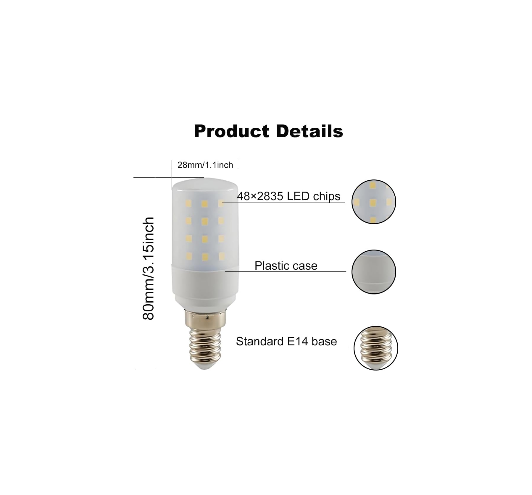 LED-Lampe mit 48 Chips, Kunststoffgehäuse und E14-Sockel.