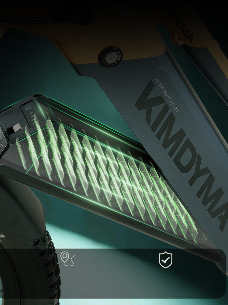 Nahaufnahme einer E-Bike-Batterie mit leuchtenden grünen Zellen und "KIMDYMA"-Logo.
