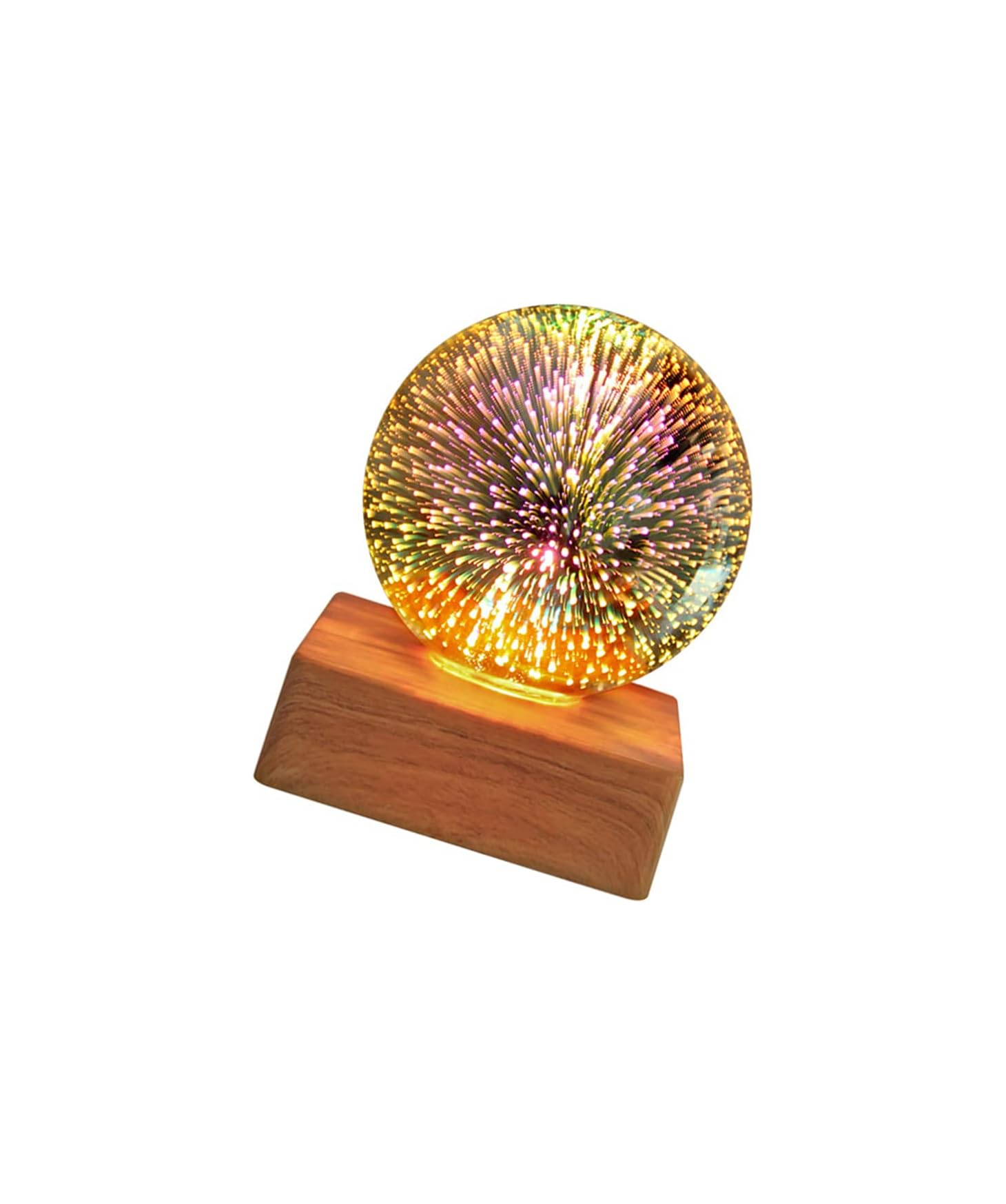Eine Glasglocke mit Sternenmuster-Licht auf einem Holzsockel.