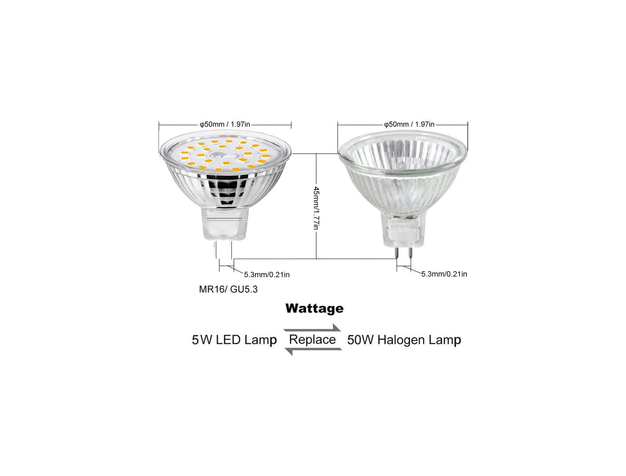 Ein 5W LED-Lampen-Vergleich mit 50W Halogenlampe, Maße angegeben.
