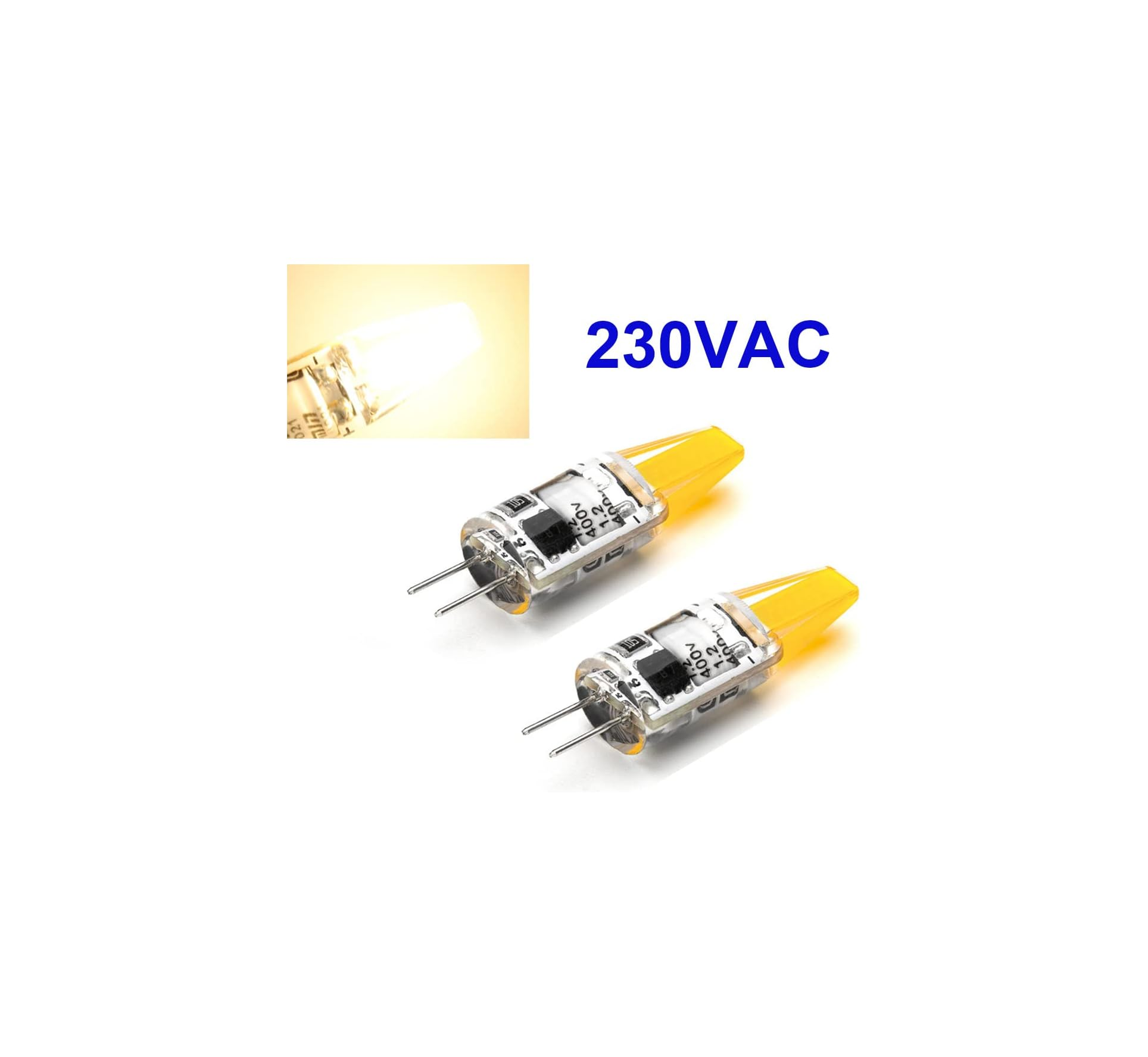 Zwei klare Kapsel-LED-Lampen mit gelben Spitzen und Metallstiften, beschriftet 230VAC.