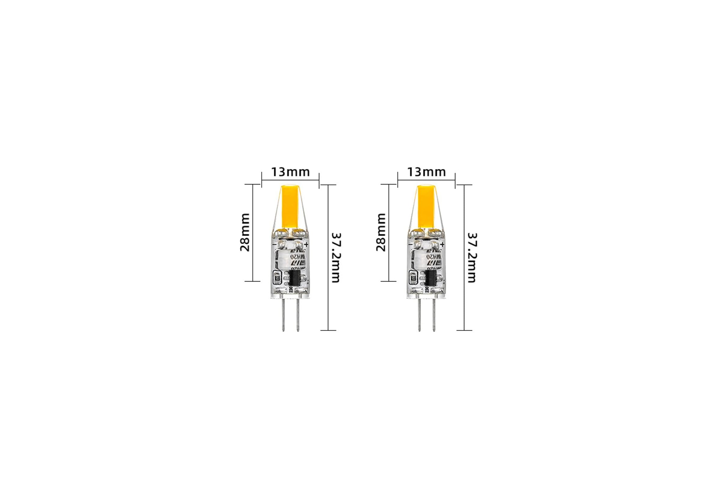 Zwei G4-LEDs mit Maßen 13mm x 28mm und 37,2mm Höhe.