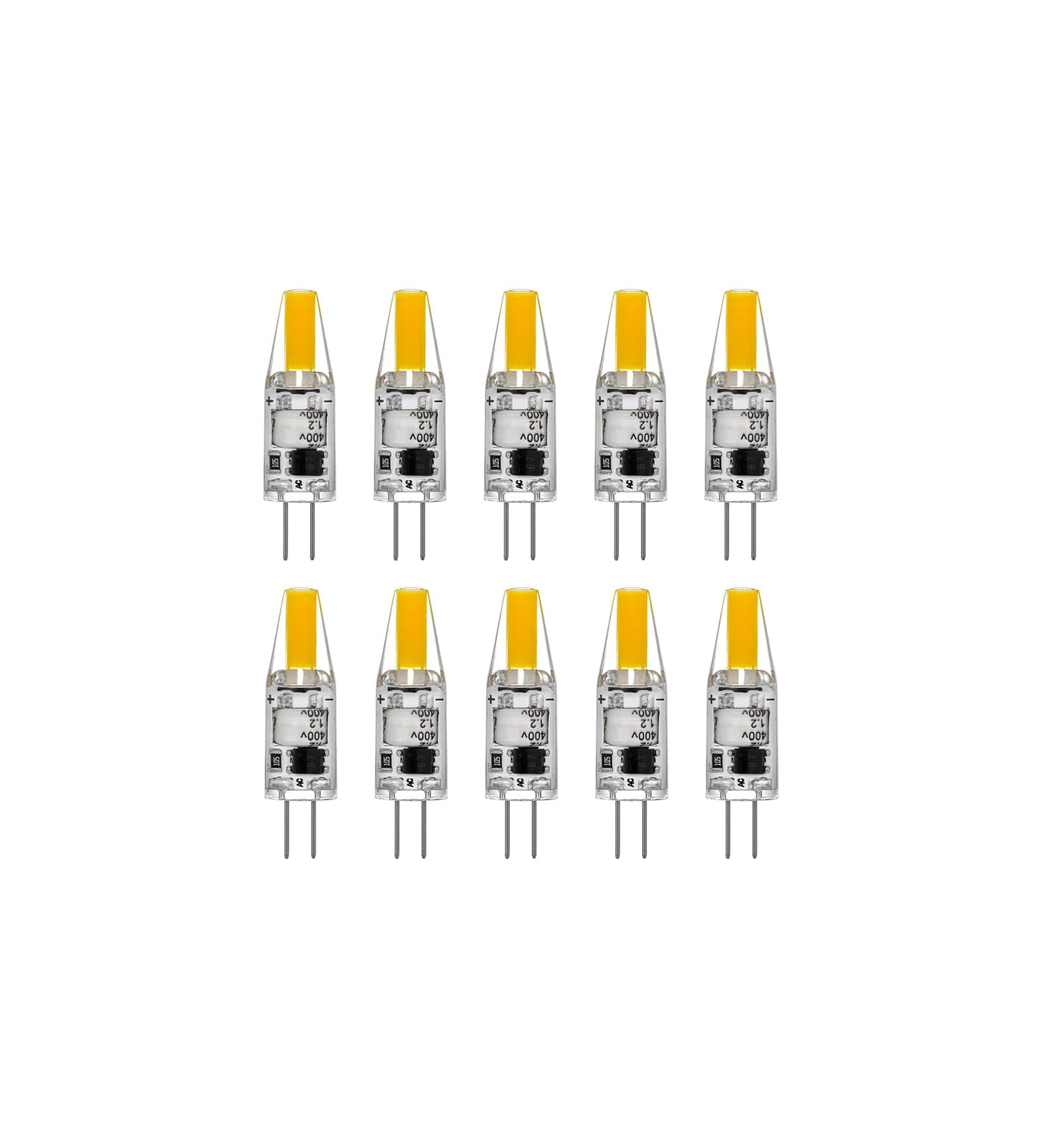 Zehn transparente G4 LED-Lampen mit gelben Spitzen und silbernen Stiften.