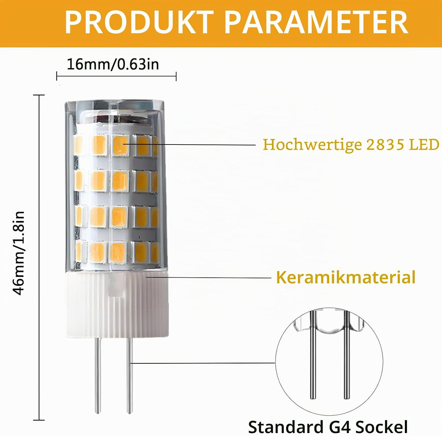 LED-Lampe G4, 46mm x 16mm, mit 2835 LEDs und Keramiksockel.