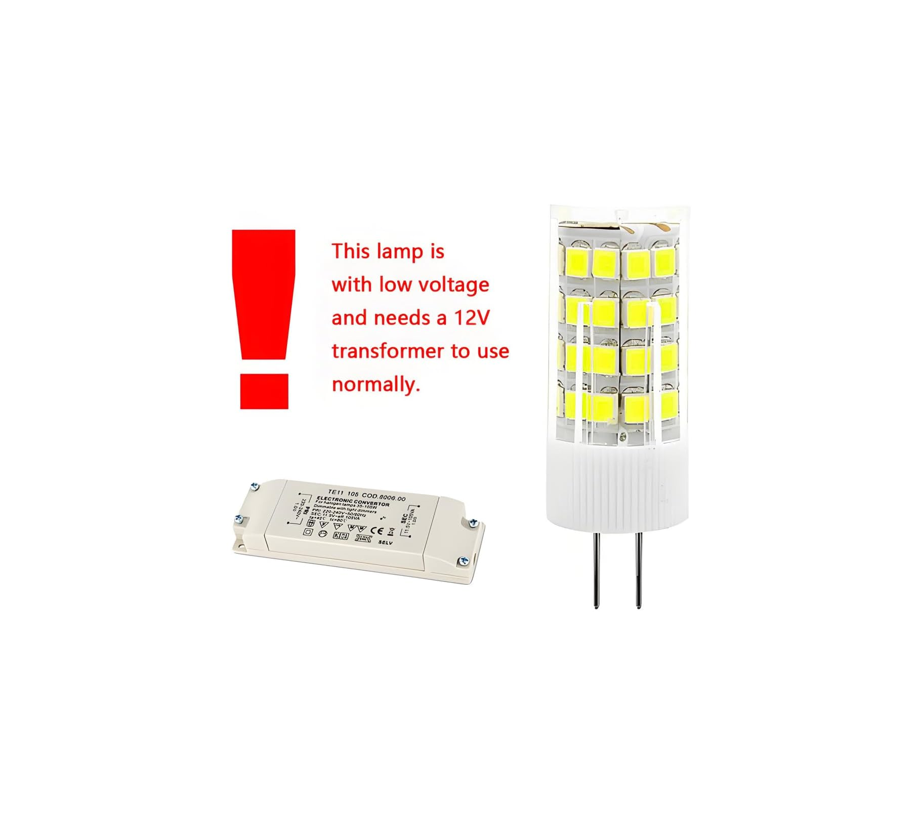 Ein LED-Stecklicht und ein 12V-Transformator auf weißem Hintergrund.