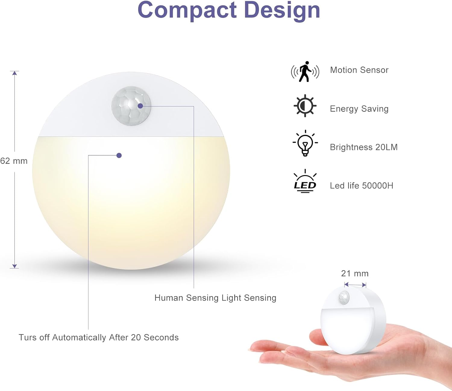 Ein runder, weißer Sensor mit Bewegungserkennung und LED-Licht in einer Hand.