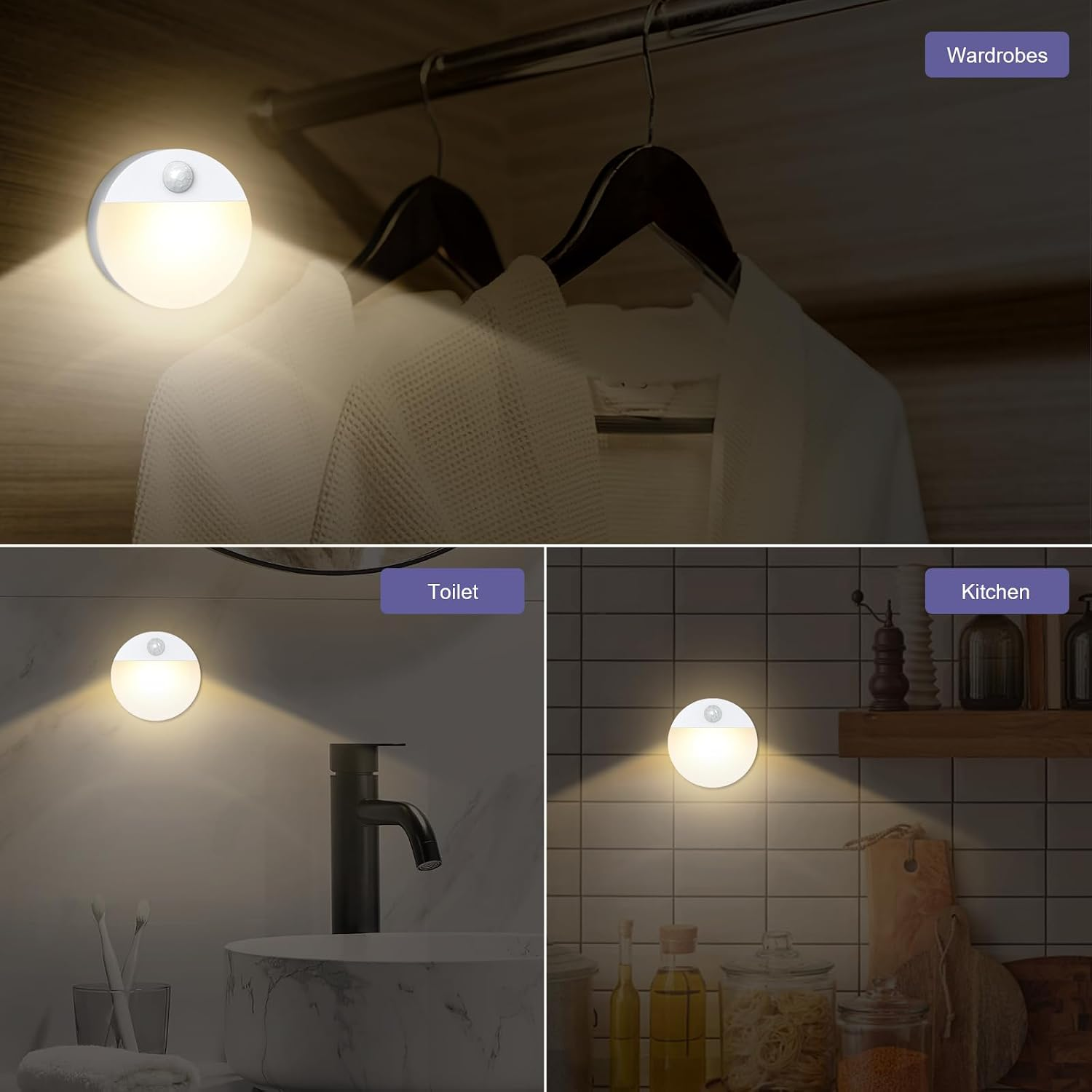 Rundes Nachtlicht leuchtet in einem Schrank, Bad und Küche.