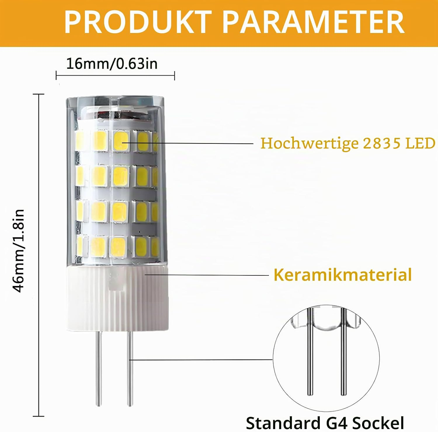 G4 LED-Lampe, 46mm hoch, 16mm breit, mit 2835 LEDs und Keramikmaterial.