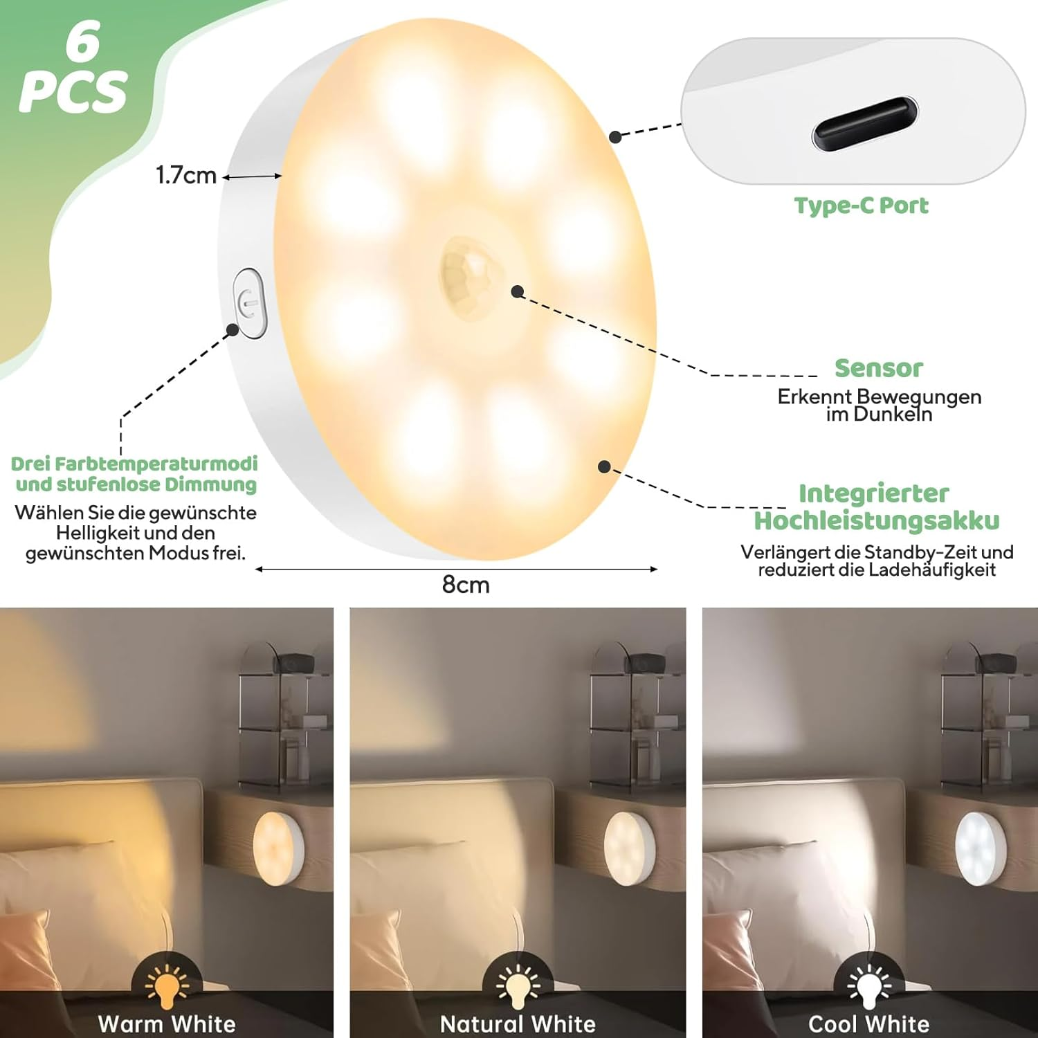 Ein Sensor-Nachtlicht mit Typ-C-Anschluss in drei Weißtönen: Warm, Neutral und Kalt.