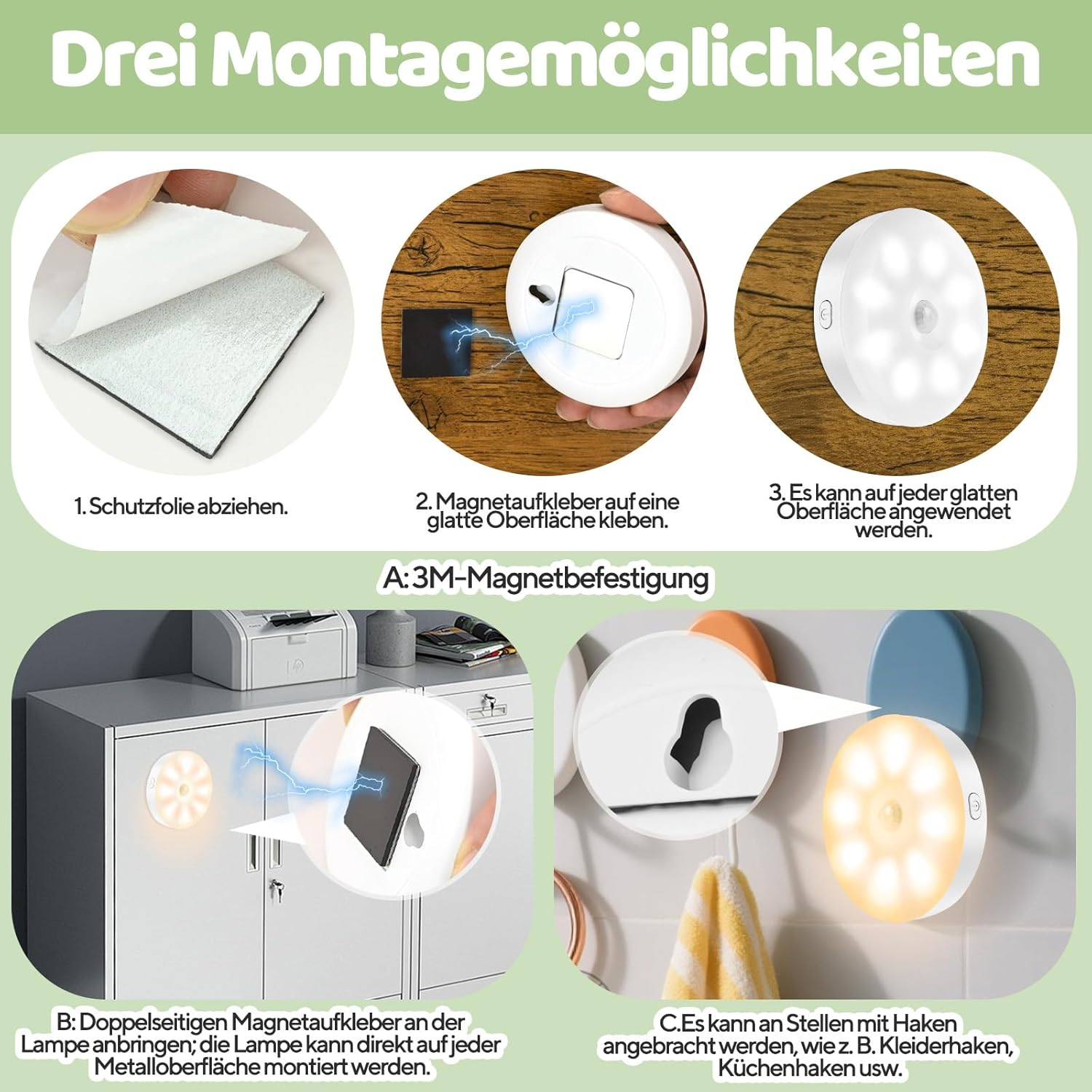 Bild zeigt drei Montagemöglichkeiten für ein Licht: abziehen, Magnet aufkleben, Haken nutzen.
