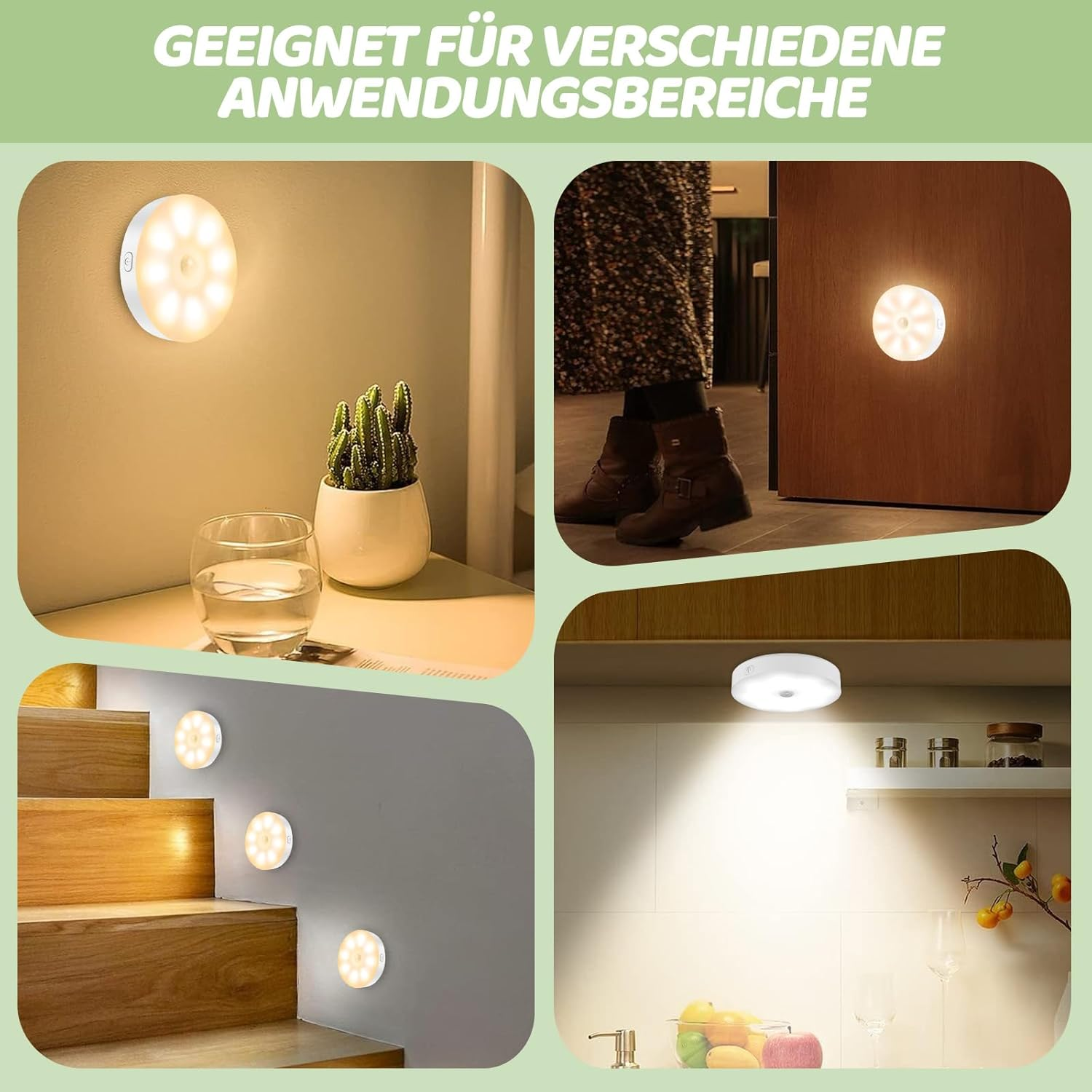 Vier Bilder zeigen Bewegungssensoren in verschiedenen Anwendungen.
