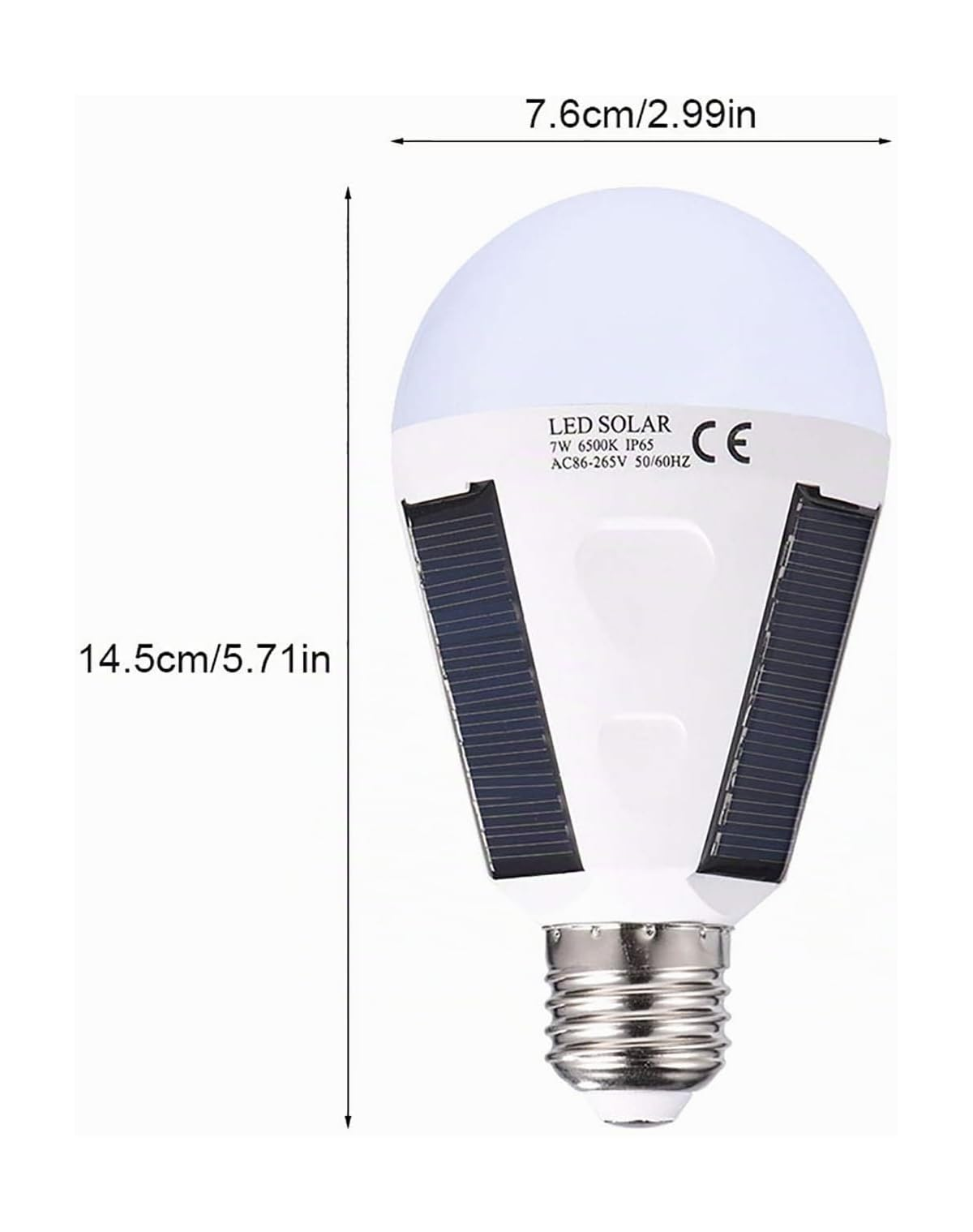 Weiße LED-Solarbirne, 14,5 cm hoch, 7,6 cm breit. Hat Solarzellen.