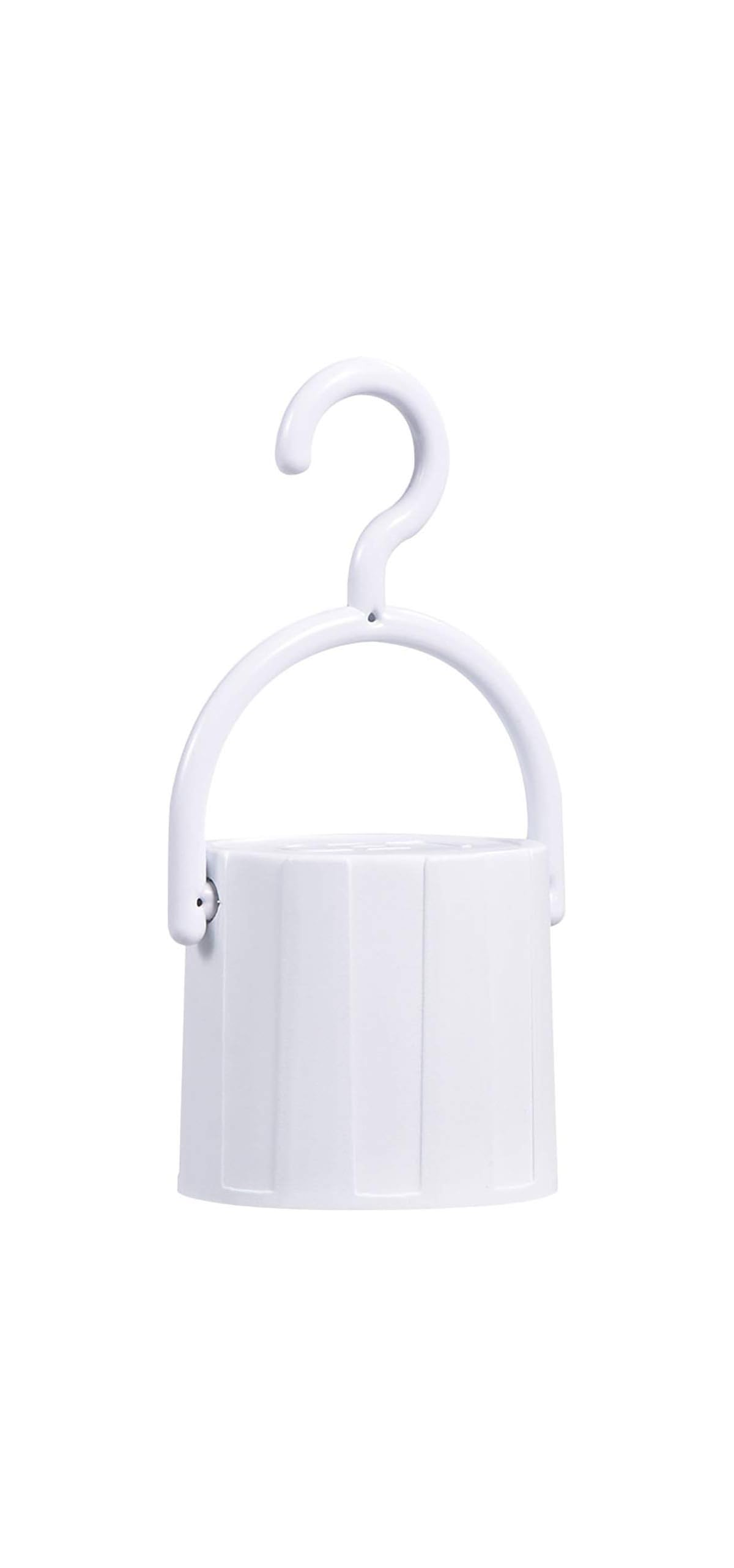 Weiße Lampe mit Haken und Griff auf weißem Hintergrund.