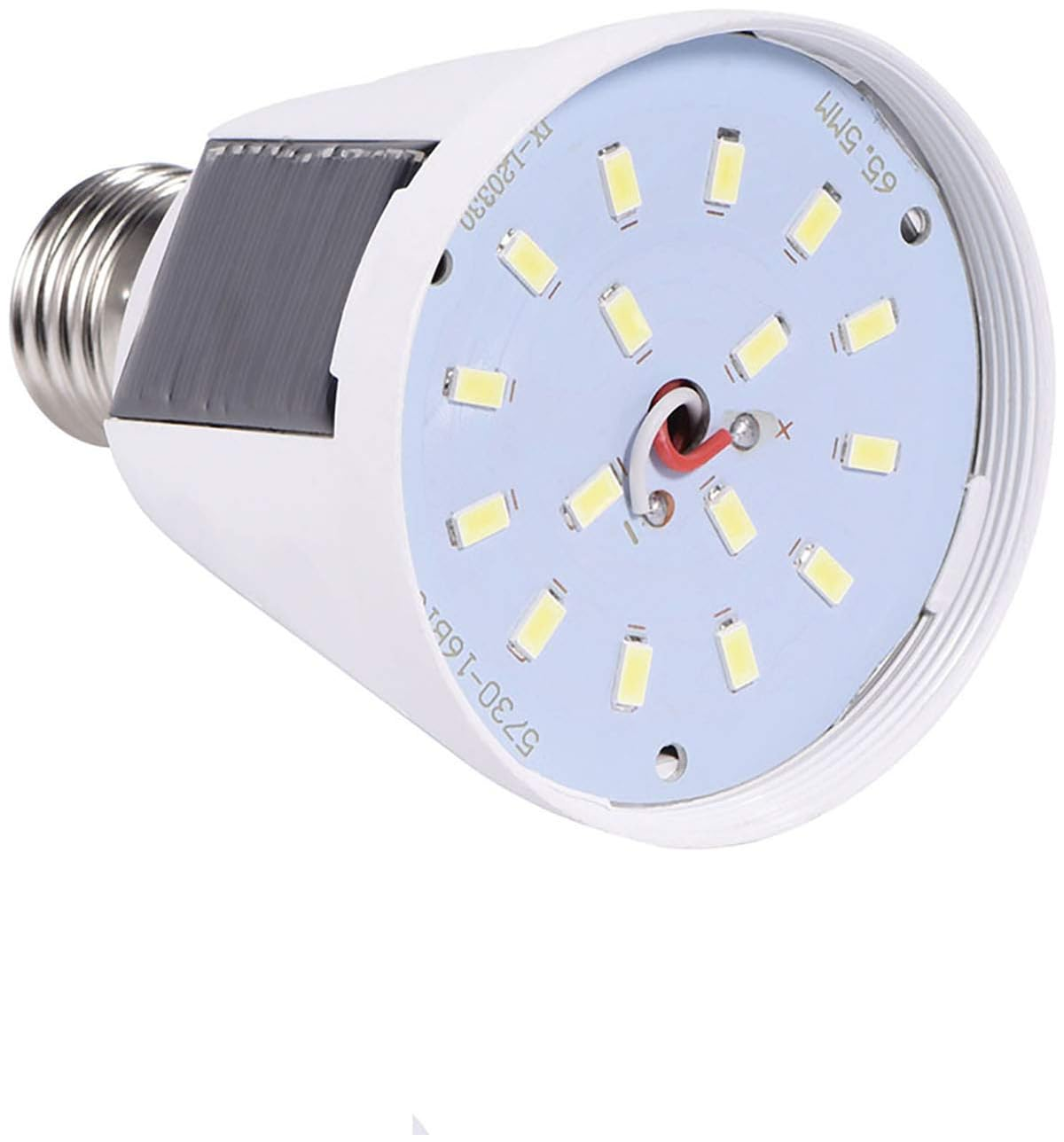 Eine weiße LED-Glühbirne mit silbernem Gewinde und sichtbaren LEDs.