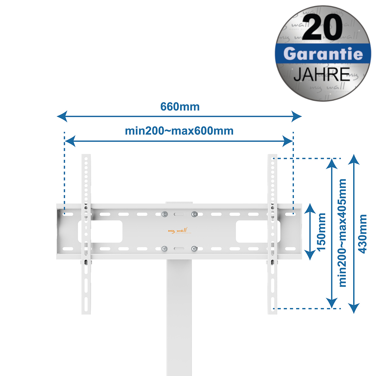 Weiße TV-Halterung mit Maßen: 660mm Breite, 430mm Höhe. 20 Jahre Garantie.
