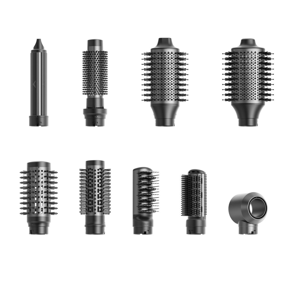 Una collezione di accessori per lo styling dei capelli, inclusi spazzole e ugello concentratore.