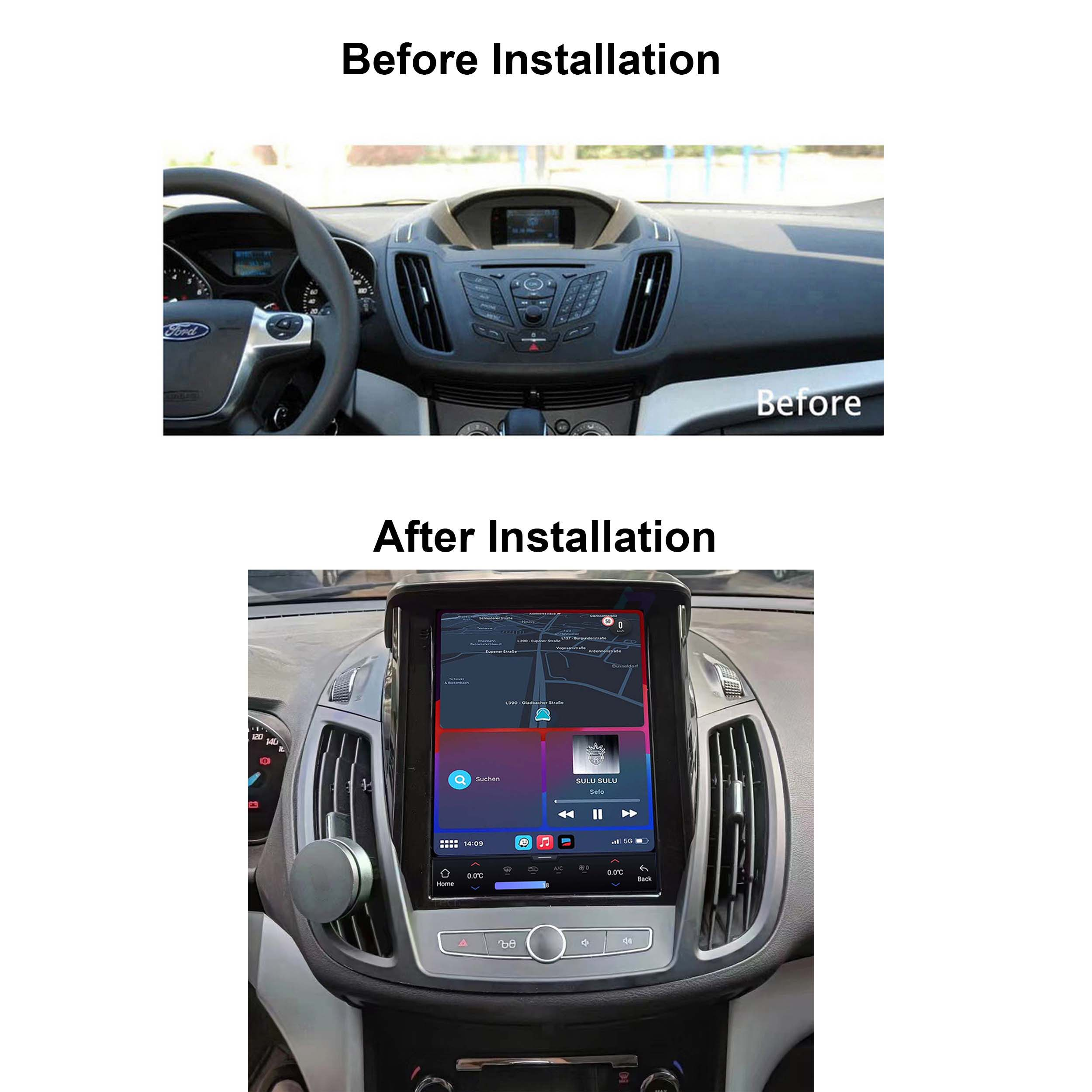 Autoinnenraum: Vorher-Nachher-Vergleich der Mittelkonsole mit Navigationssystem.