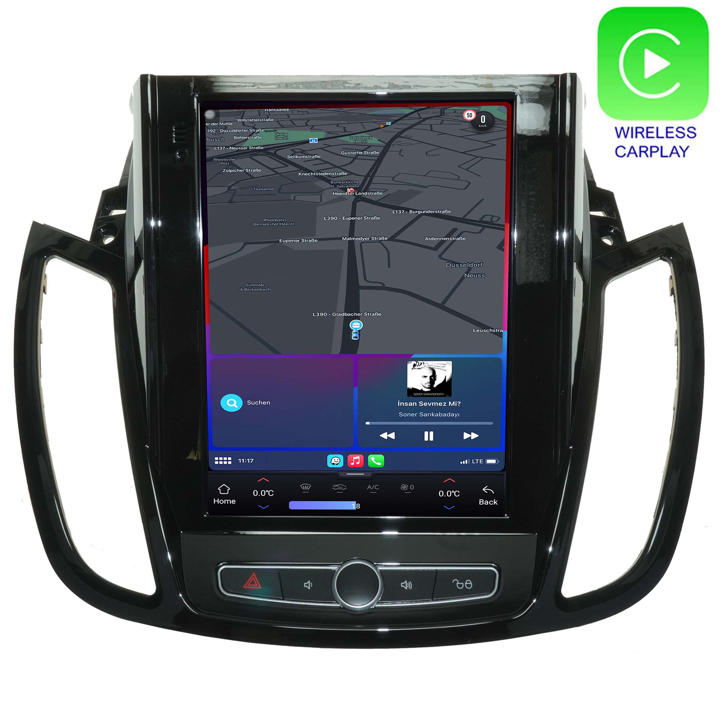Ein Auto-Infotainment-Bildschirm mit Navigationskarte, Musik und Klimasteuerung.