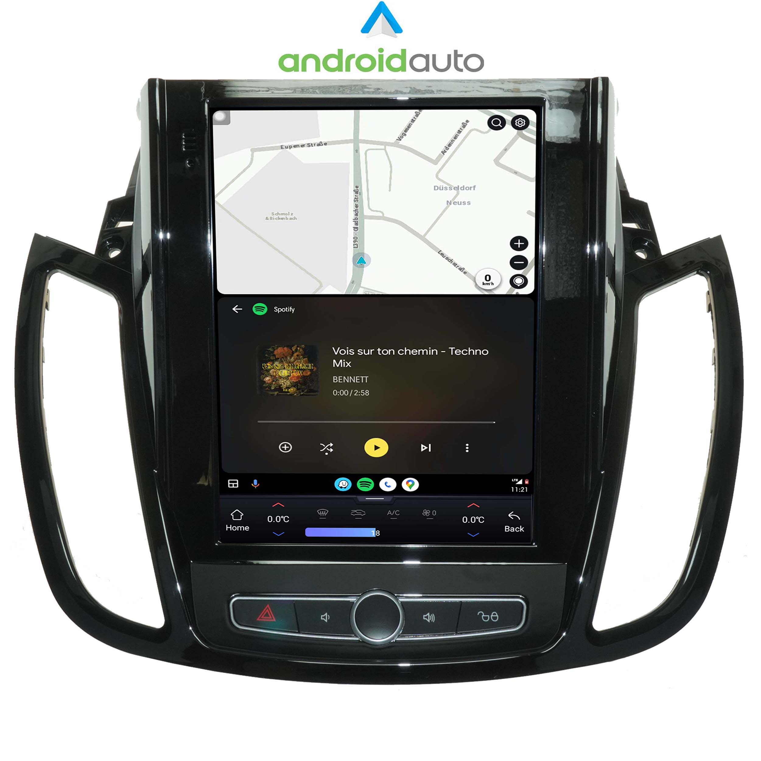 Das Display eines Autos mit Android Auto zeigt eine Karte und Musikwiedergabe.