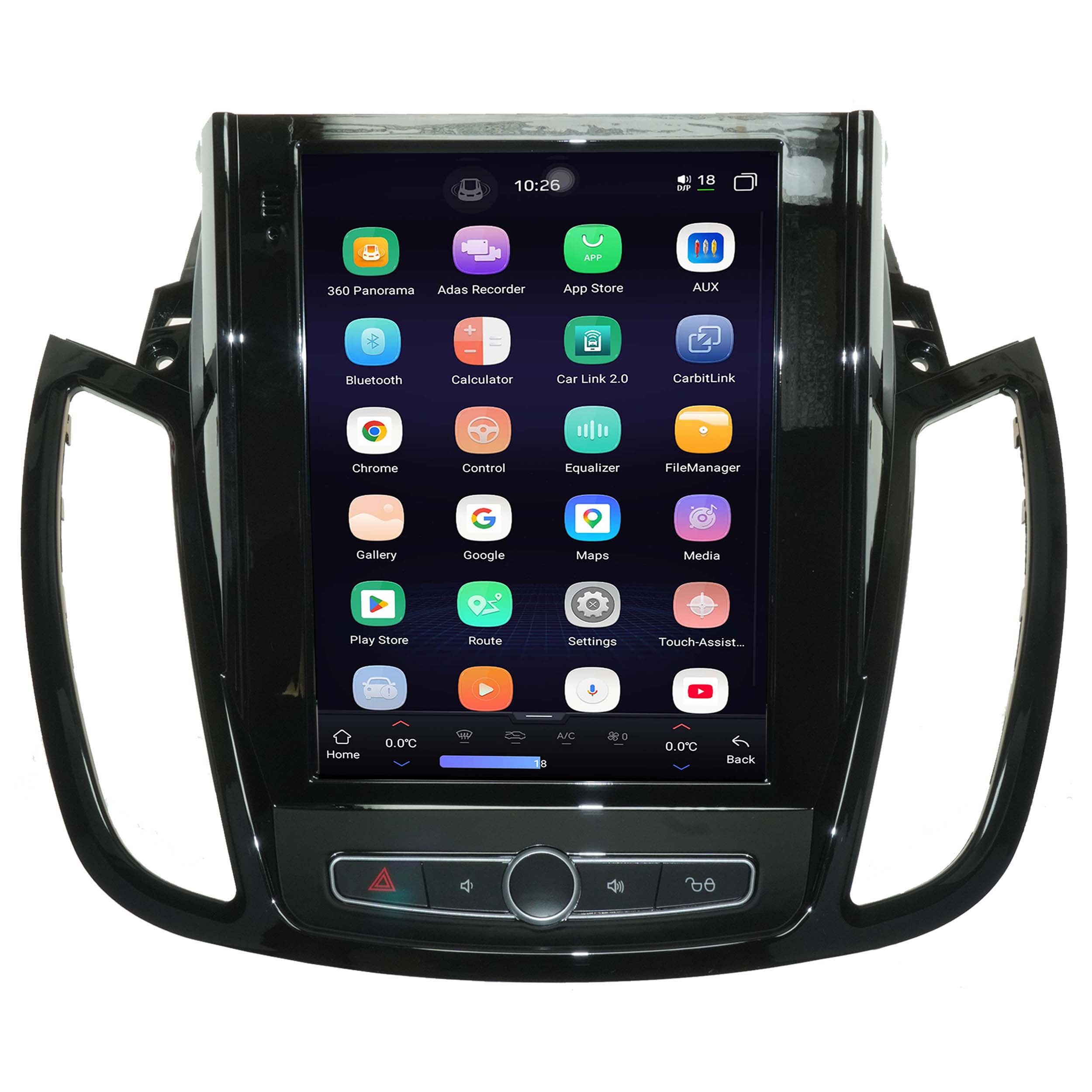 Ein Auto-Infotainmentsystem mit App-Symbolen, Zeit und Temperaturanzeige.
