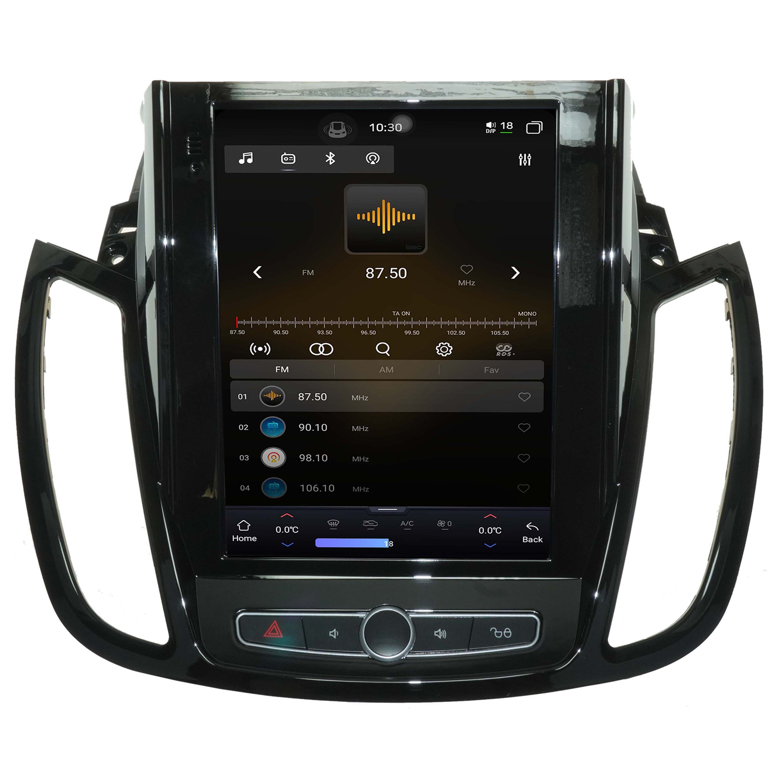 Ein schwarzes Autoradio-Display zeigt UKW 87.50 MHz mit voreingestellten Sendern.