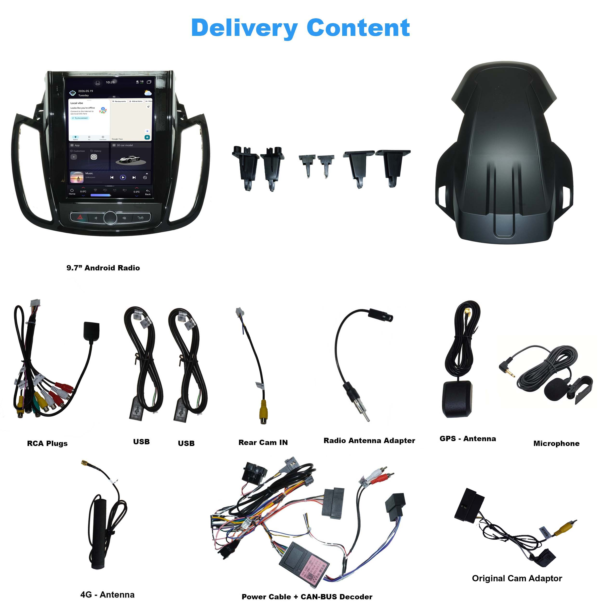 Autoradio-Komponenten: 9,7" Android-Radio, schwarzer Zierrahmen, Adapter, Kabel, Antennen, GPS, Mikrofon.