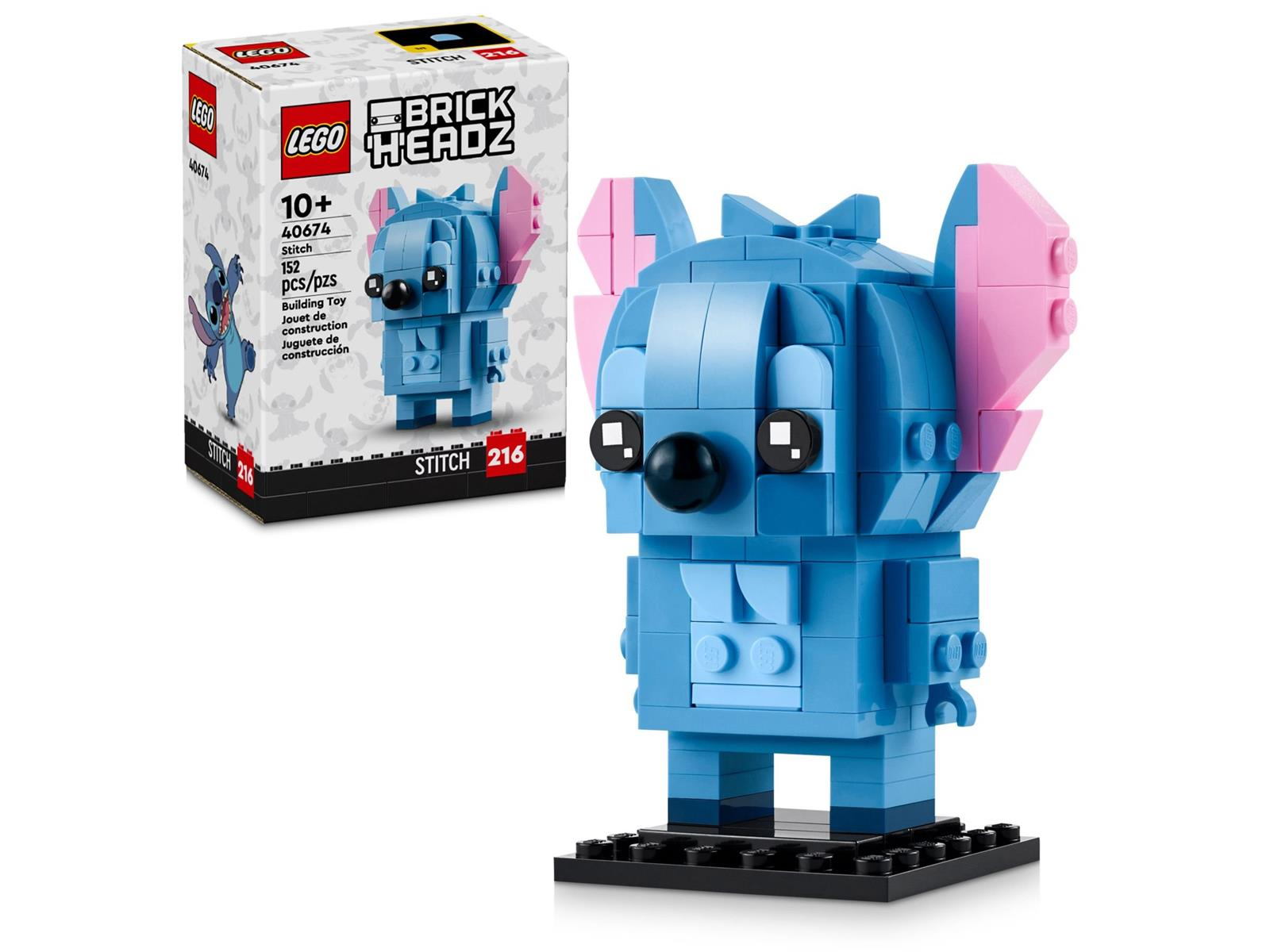 LEGO BrickHeadz Stitch figürü mavi ve pembe tuğlalardan yapılmış, siyah tabanlı.