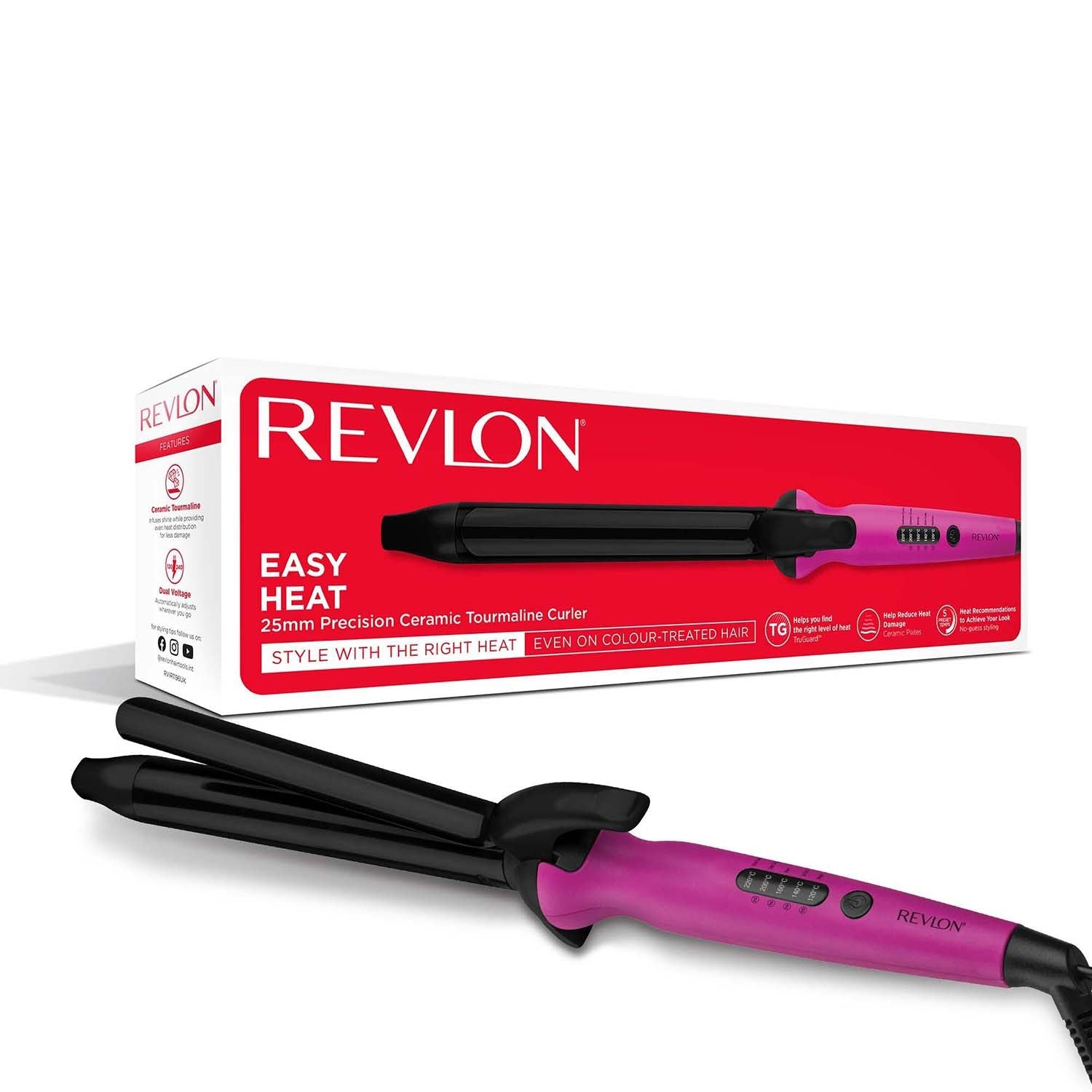 Un arricciacapelli Revlon rosa con corpo nero giace sulla sua confezione.