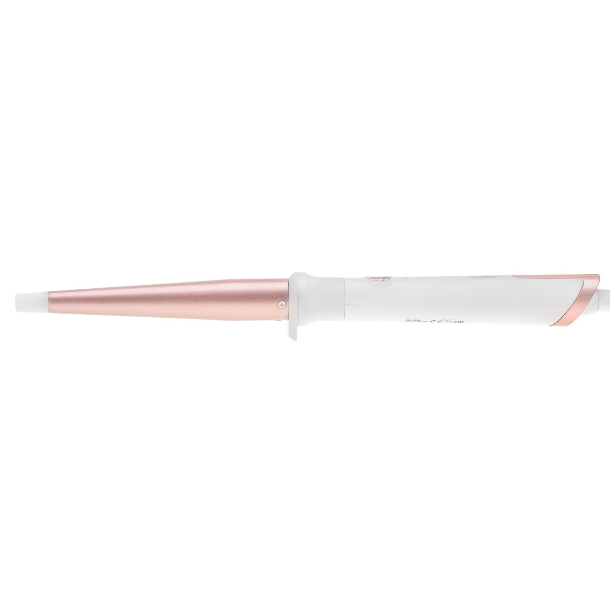 Un arricciacapelli bianco con un cilindro riscaldante conico color oro rosa e controlli.