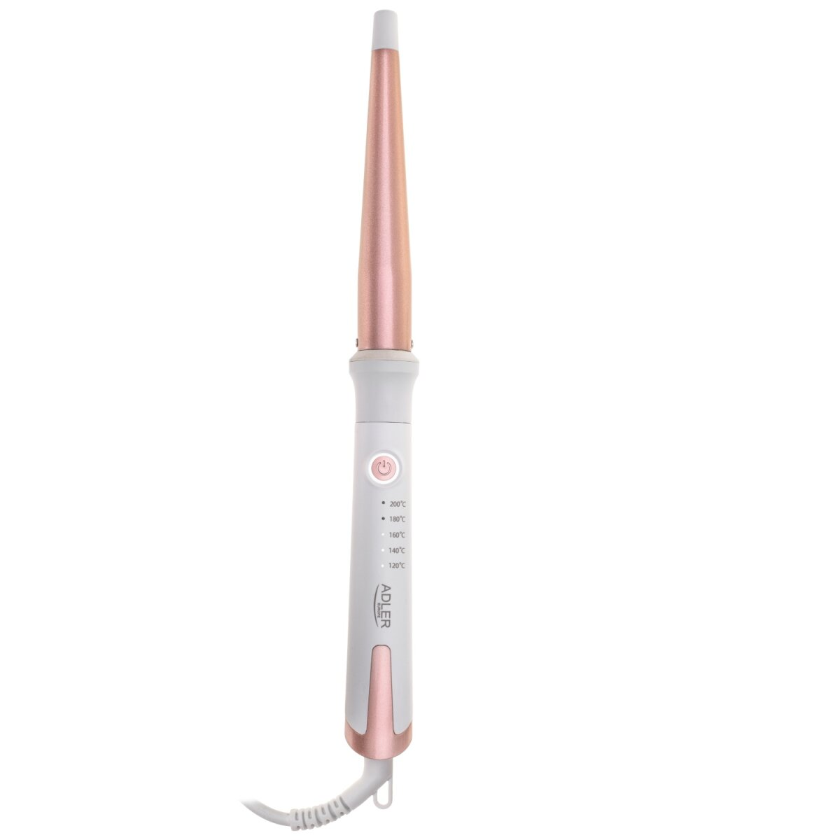 Un arricciacapelli conico con manico bianco e finitura oro rosa.