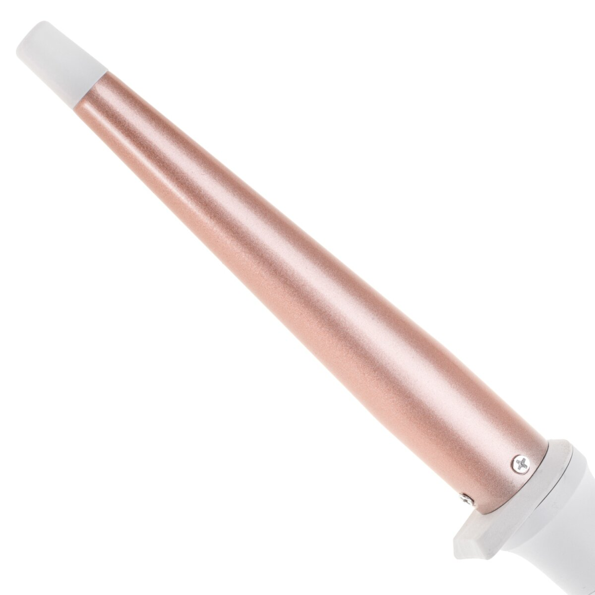 Un ferro arricciacapelli color oro rosa con punta e manico bianchi.