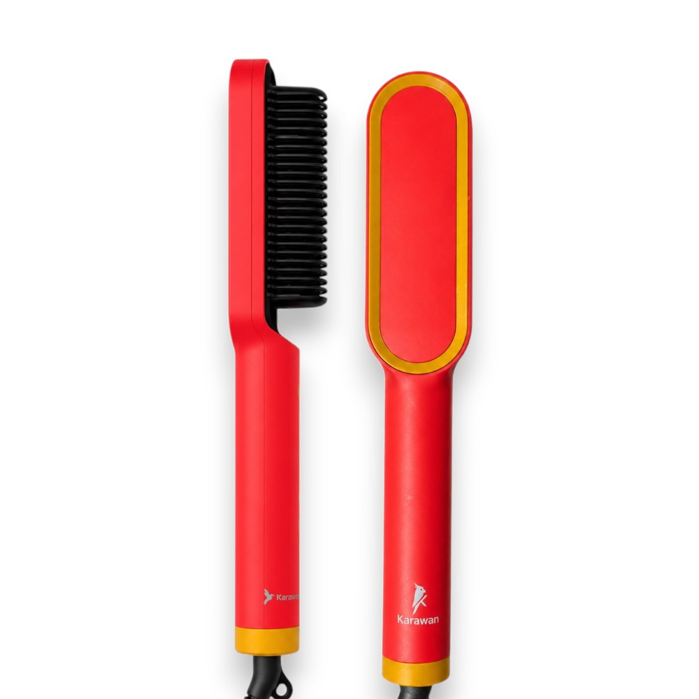 Dos cepillos rojos para alisar el cabello con detalles amarillos sobre fondo blanco.