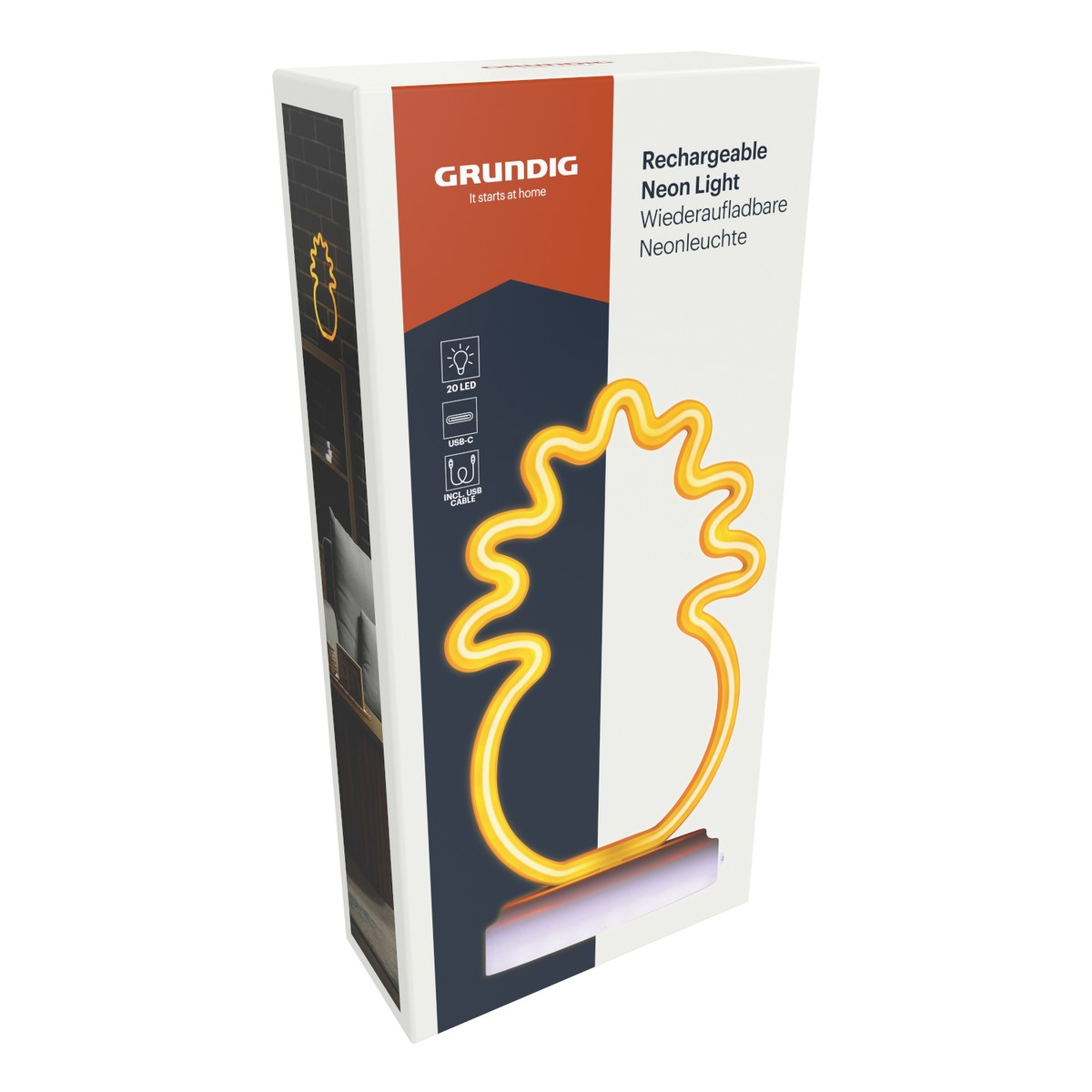 Packaging of a rechargeable neon light in a flame shape.