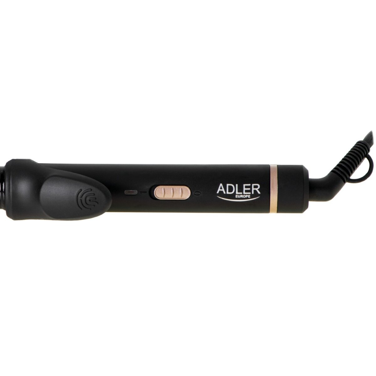 Una piastra per capelli Adler nera con anello dorato e controlli.