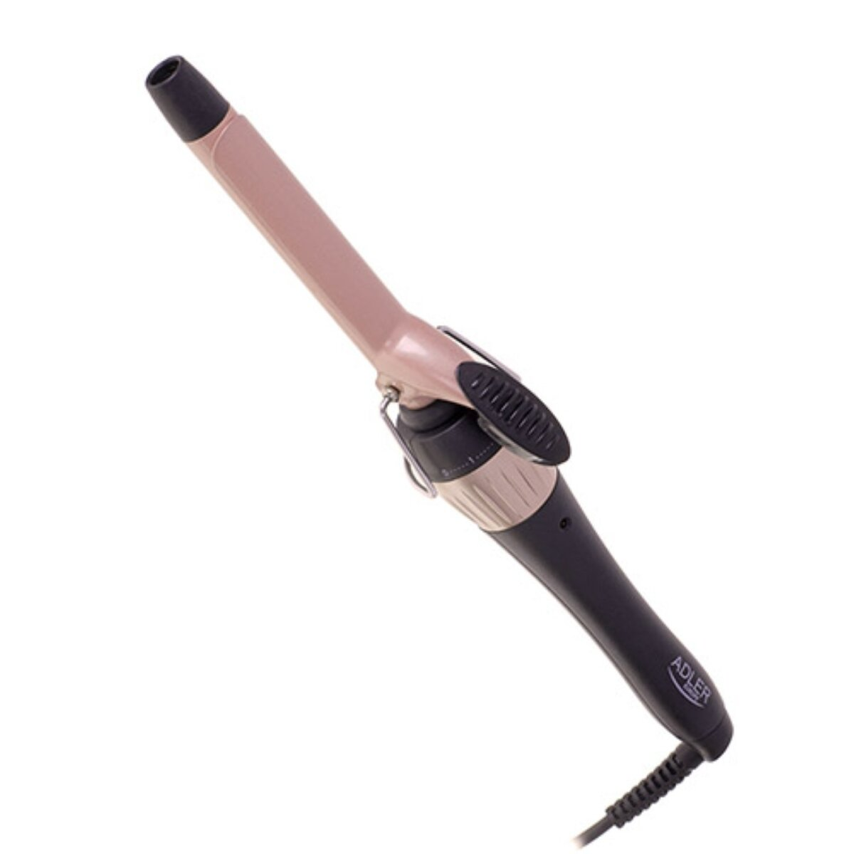 Un arricciacapelli oro rosa con manico e cavo neri.