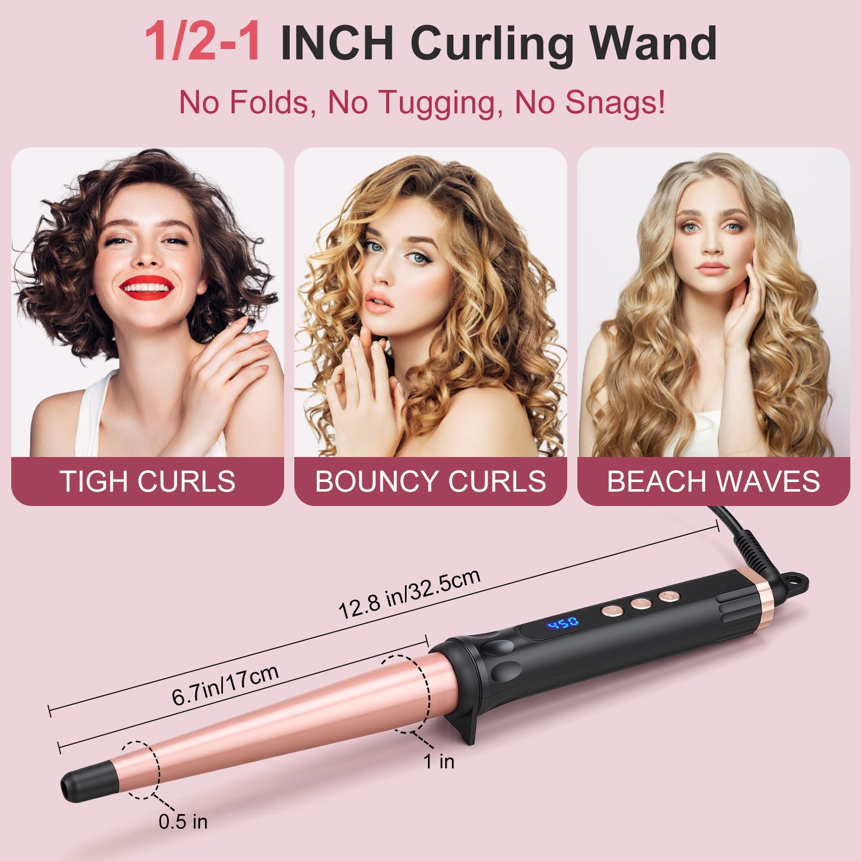 Ein Lockenstab mit drei Frisuren: straffe Locken, Bouncy Curls, Beach Waves.