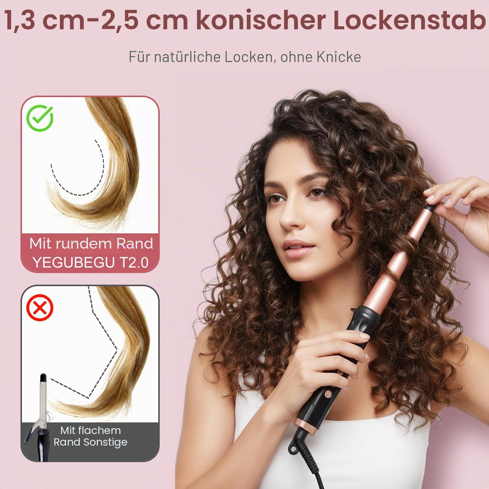 Frau mit Lockenstab: konischer Stab, 1,3-2,5 cm. Zeigt runde & flache Locken.