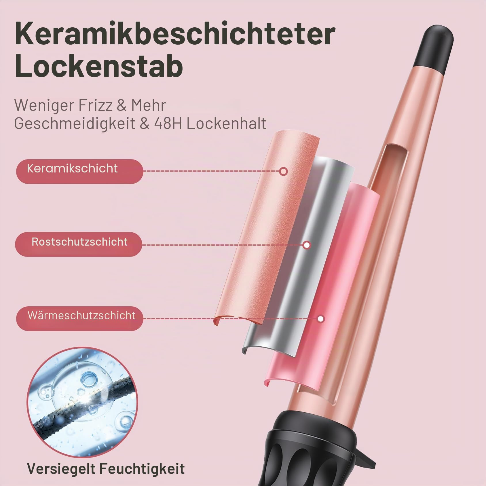 Beschichteter Lockenstab mit drei Schichten: Keramik, Rostschutz, Wärmeschutz.