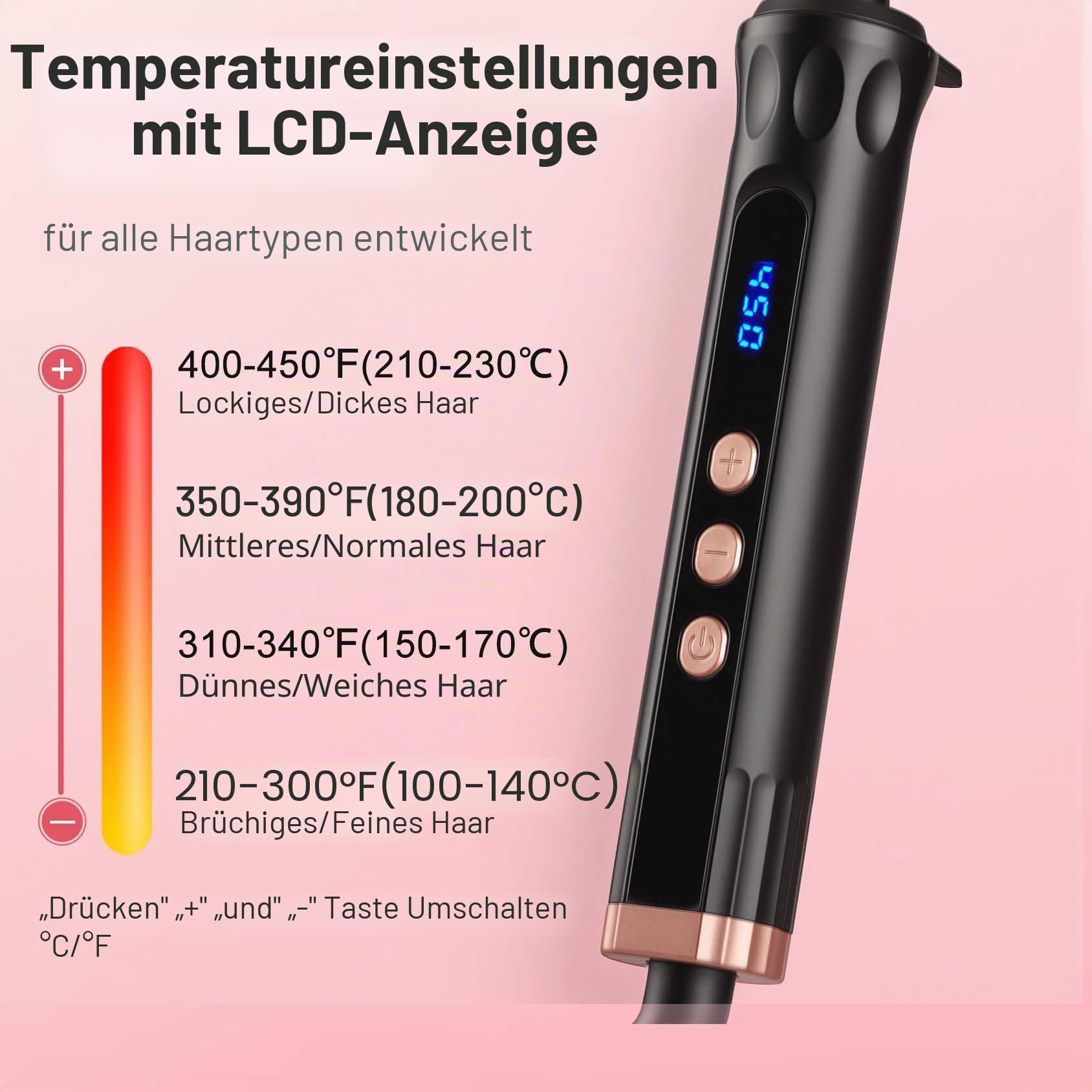 Schwarzer Lockenstab mit LCD-Anzeige 450°F. Temperatureinstellungen für verschiedene Haartypen.