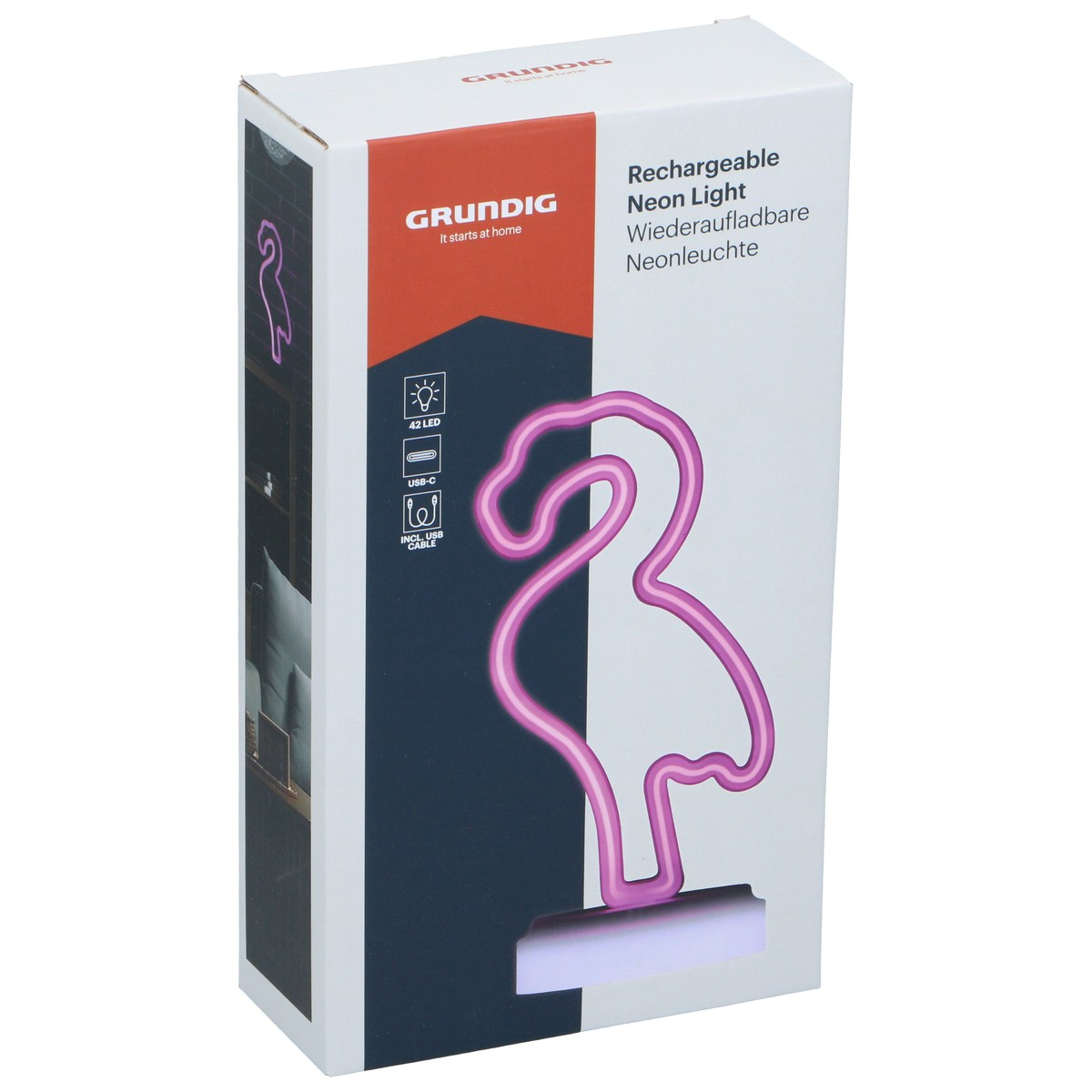 Grundig rechargeable neon light shaped like a pink flamingo on box. Includes USB-C cable.