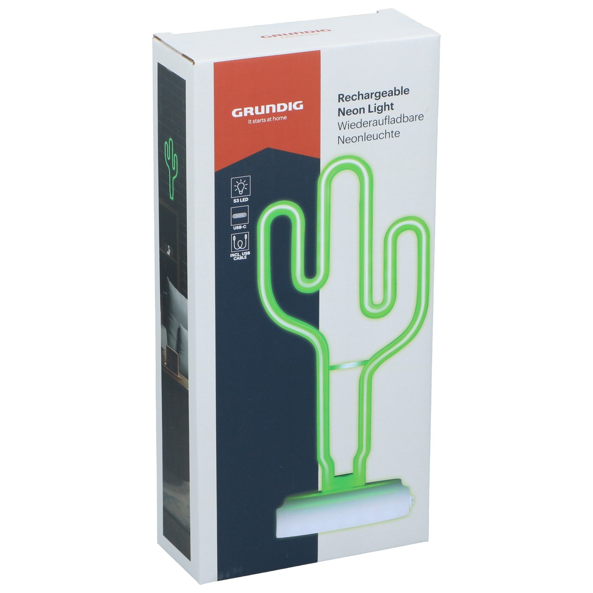 Packaging with GRUNDIG neon cactus light, 53 LEDs, USB-C charging.