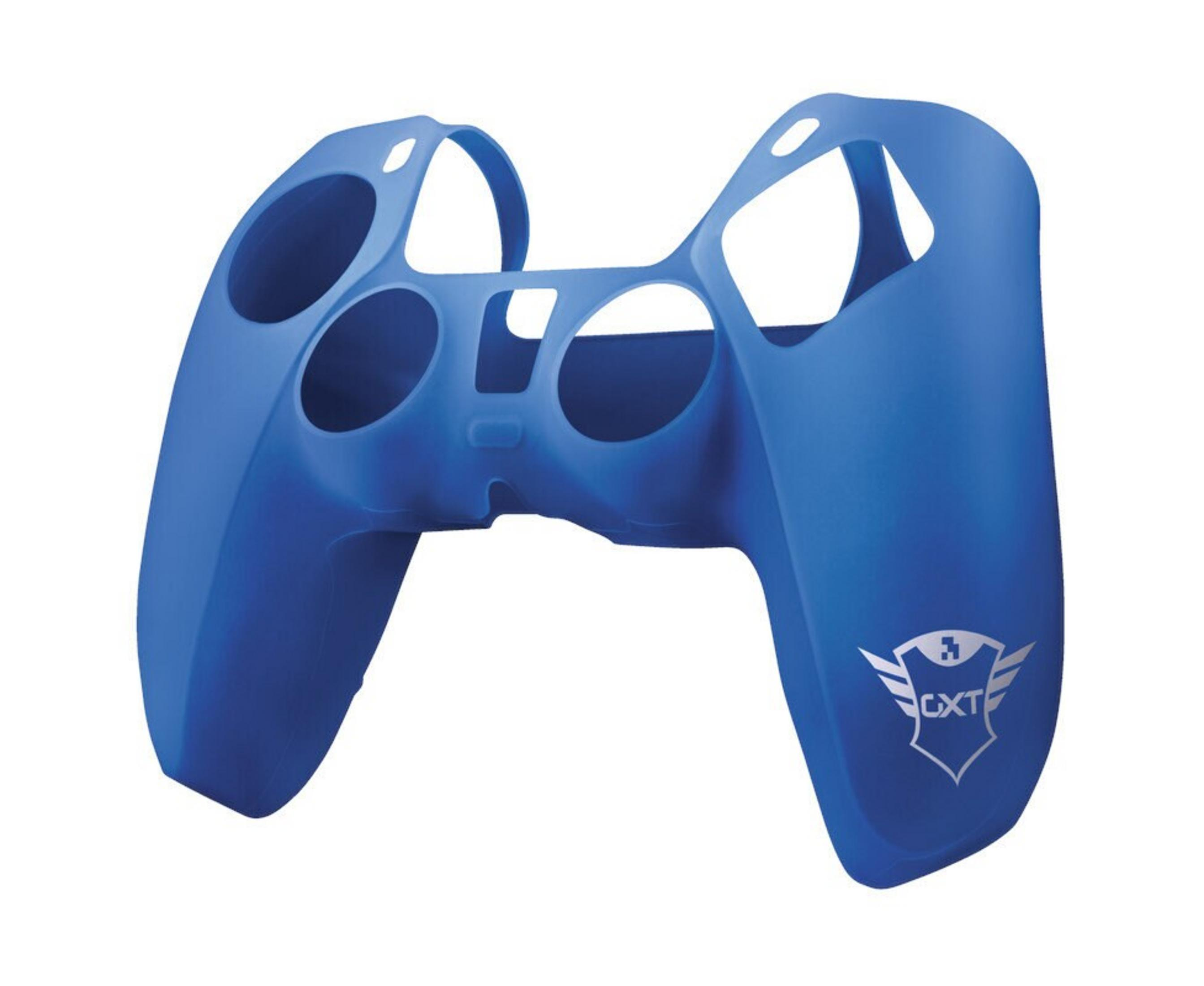 Una cover in silicone blu per controller con logo bianco sul lato.