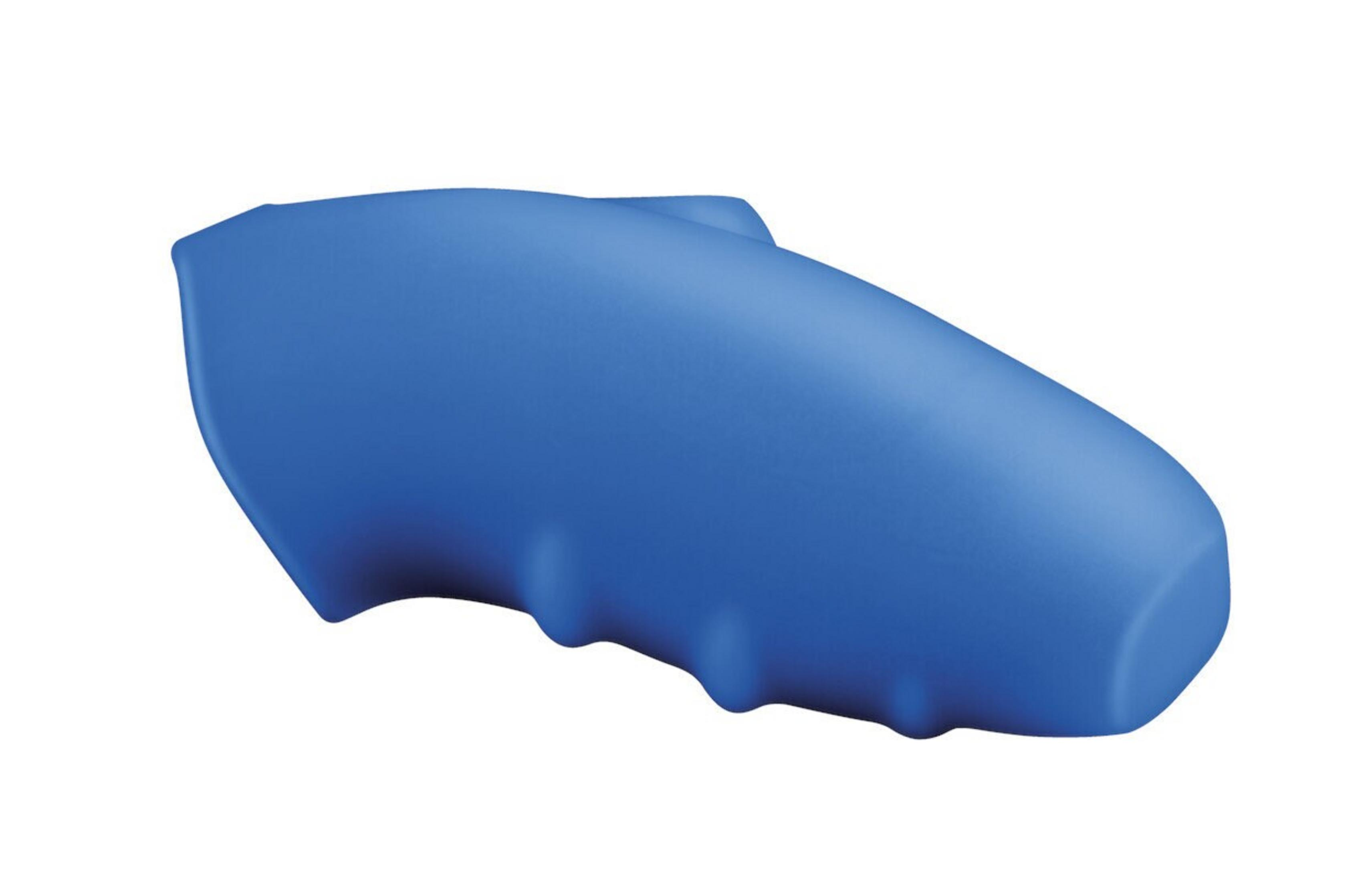 Un oggetto blu e gommoso dalla forma curva che assomiglia a un manico.