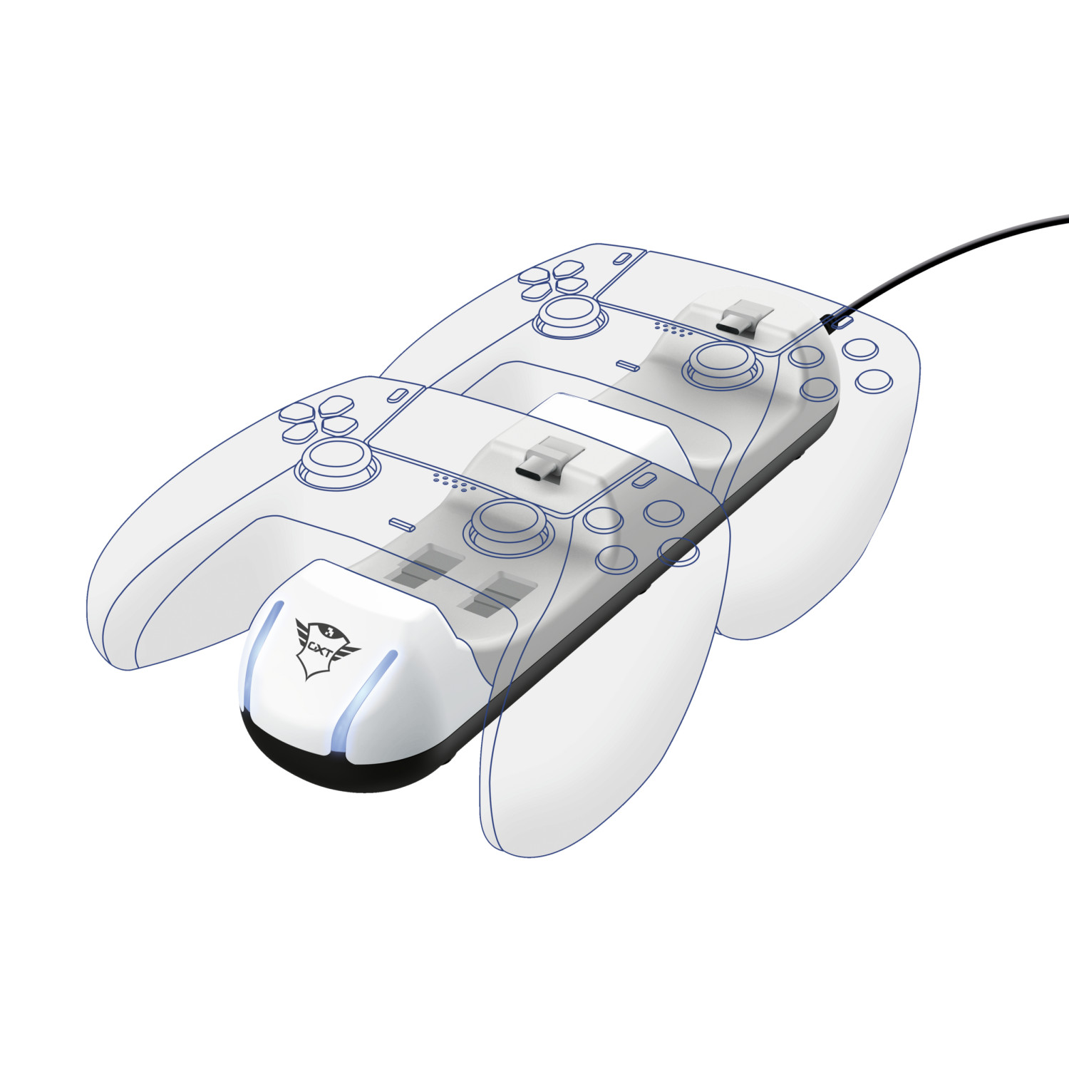 Un controller da gioco bianco con contorni blu e un cavo.