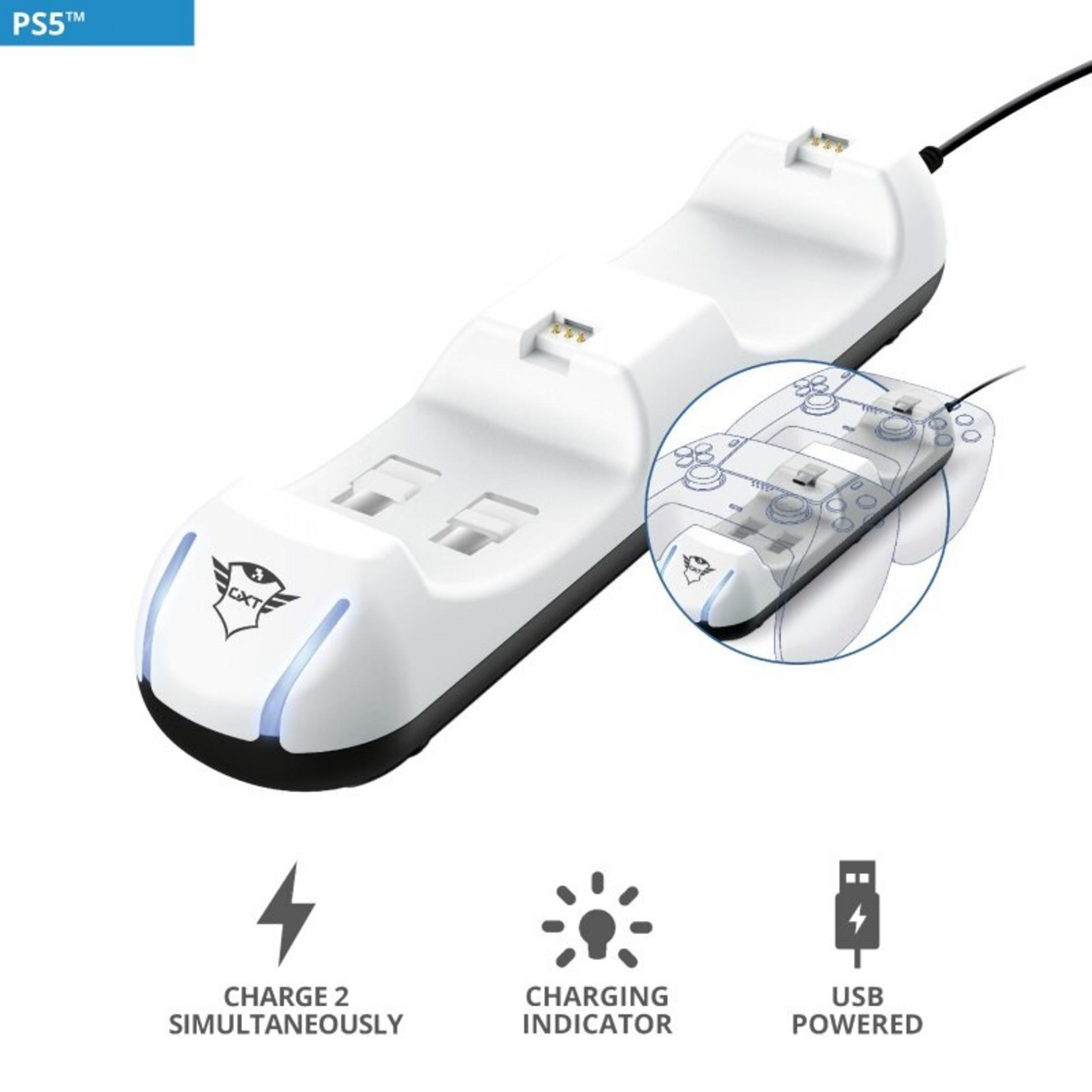 Stazione di ricarica bianca per controller PS5 con indicatore e porta USB.