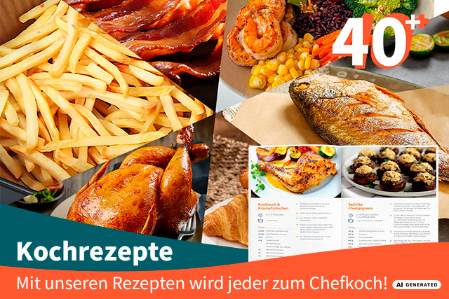 Collage von Lebensmitteln mit Pommes, Speck, Garnelen, Fisch, Huhn und Rezepten.