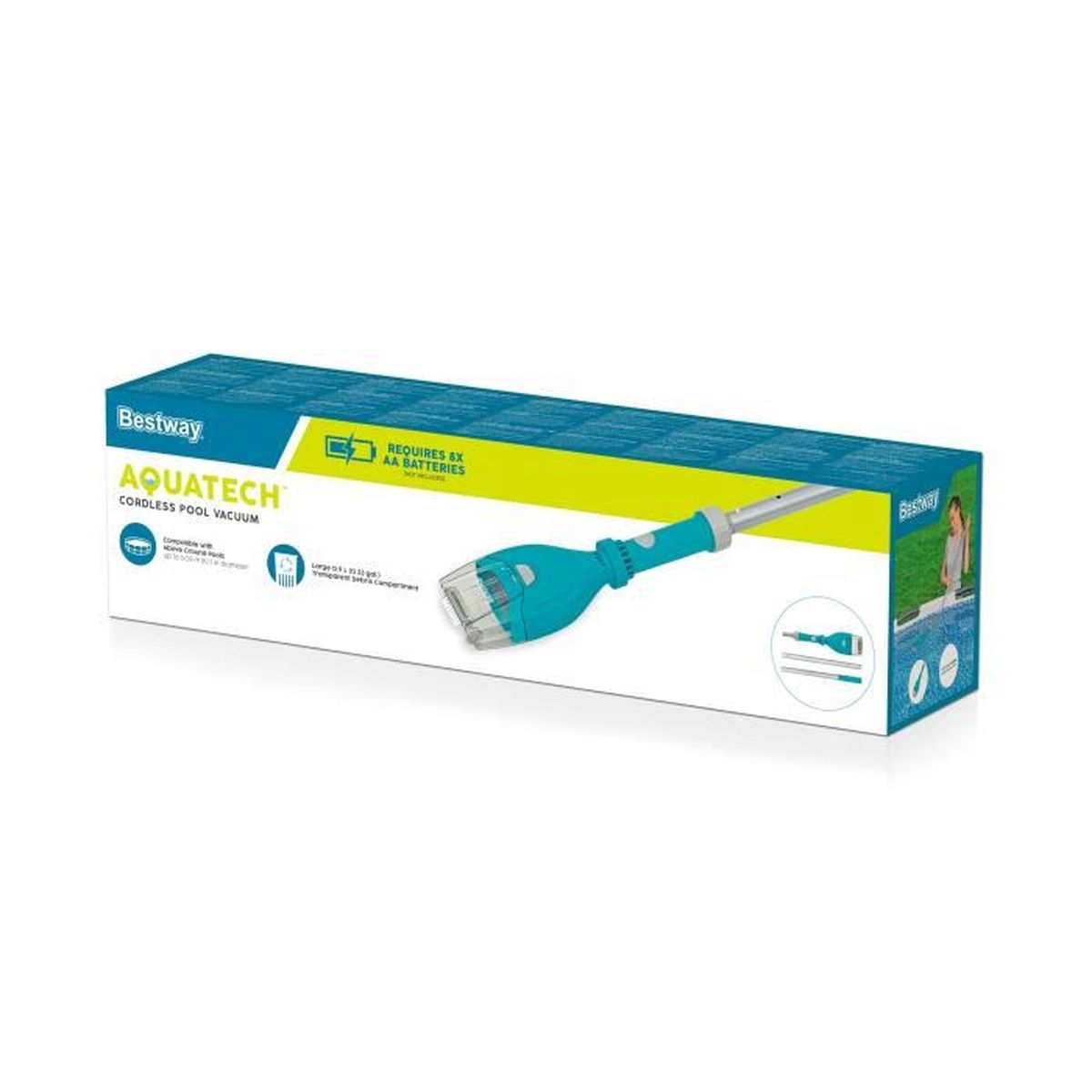 Verpackung eines Aquatech schnurlosen Poolreinigers mit AA-Batteriebedarf.