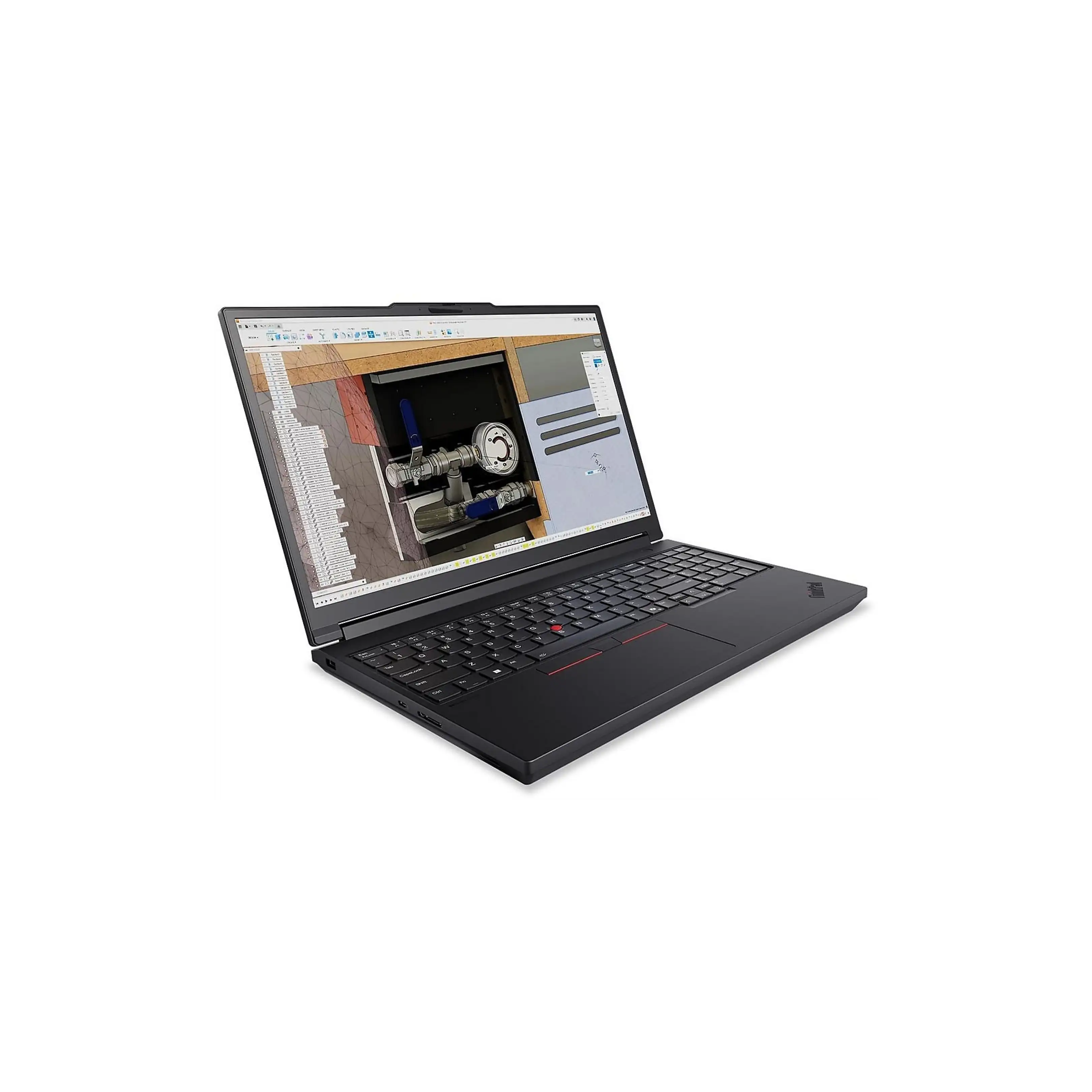 Laptop nero che mostra un modello 3D di idraulica con tubi, valvole e manometro.