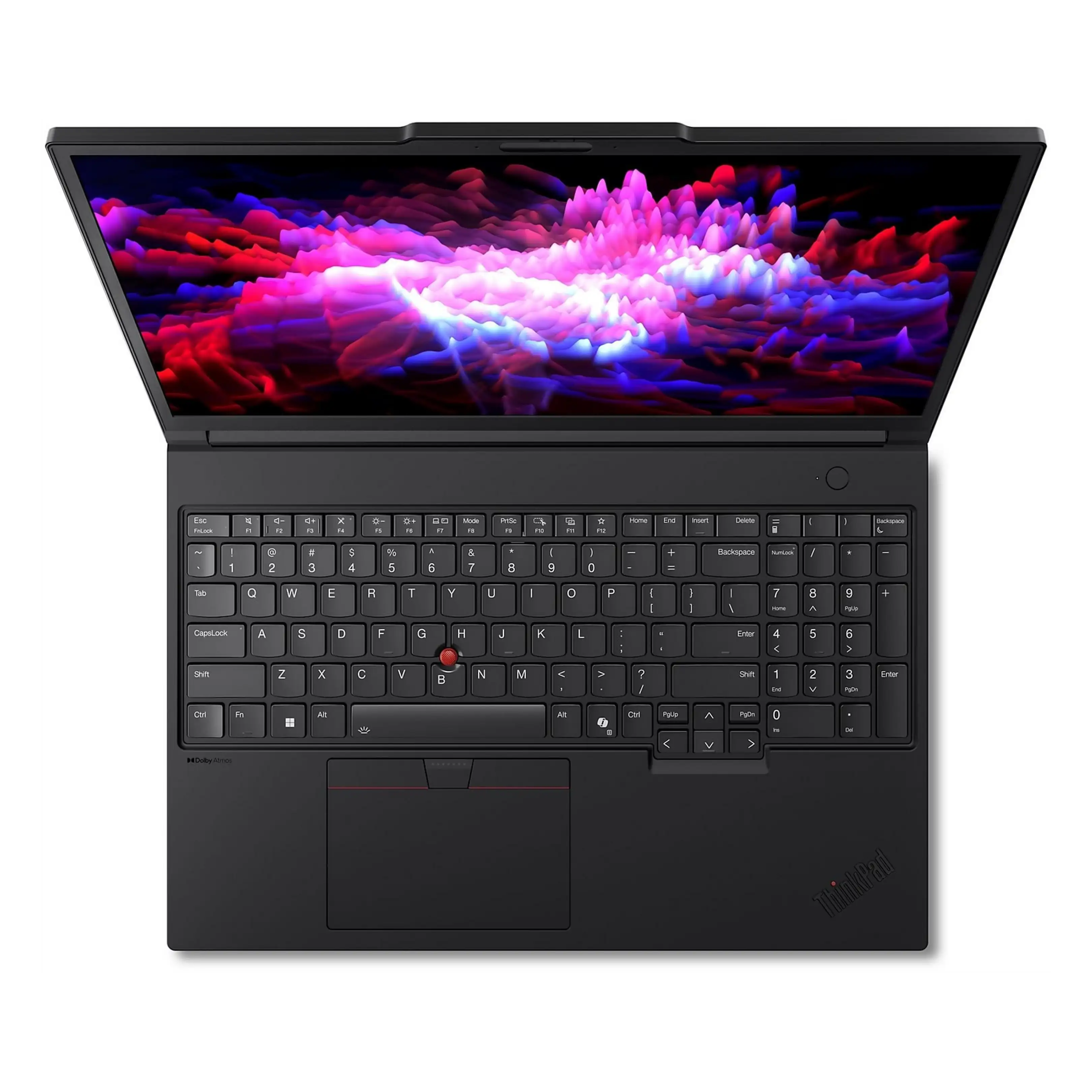 Un laptop nero aperto che mostra un'immagine astratta e colorata sul suo schermo.